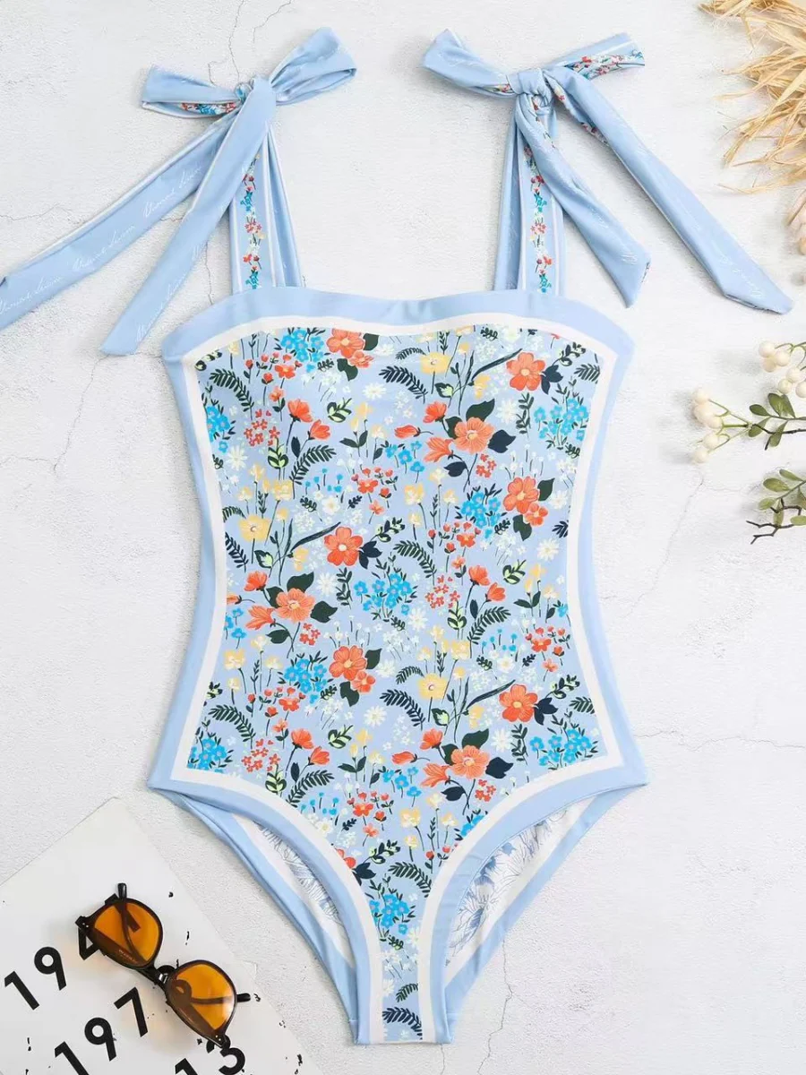 Double-sided Printed Retro-style Fresh Strapless Tie-up Swimsuit - Image 2