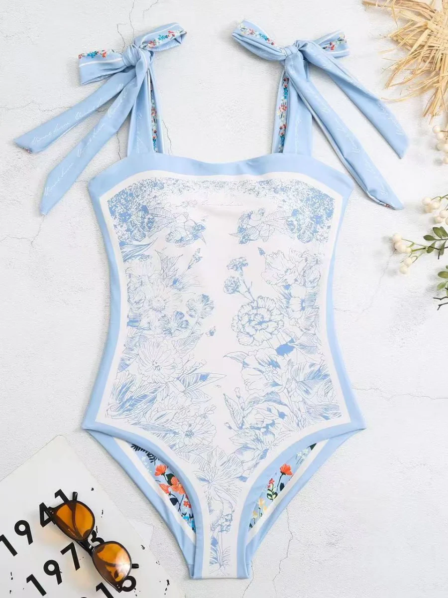 Double-sided Printed Retro-style Fresh Strapless Tie-up Swimsuit - Image 5