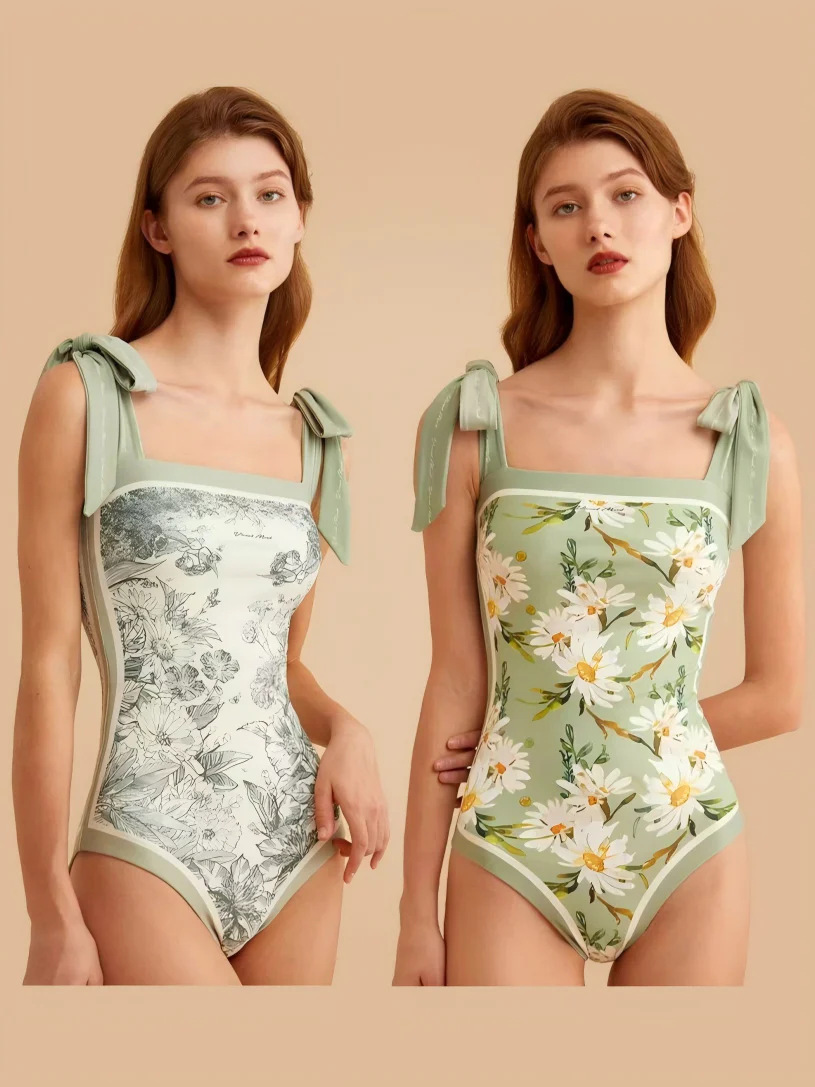 Double-sided Printed Retro-style Fresh Strapless Tie-up Swimsuit - Image 6