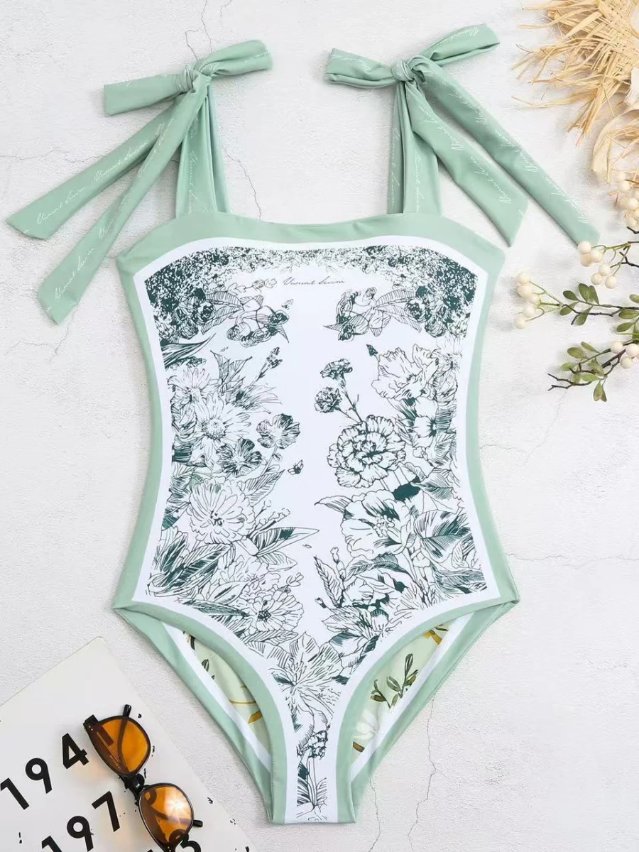 Double-sided Printed Retro-style Fresh Strapless Tie-up Swimsuit - Image 8