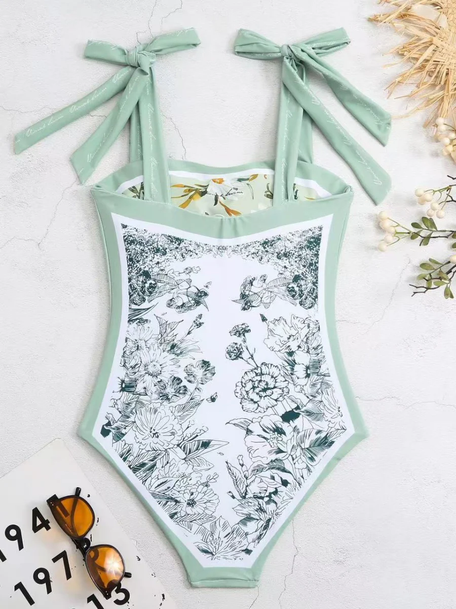 Double-sided Printed Retro-style Fresh Strapless Tie-up Swimsuit - Image 9