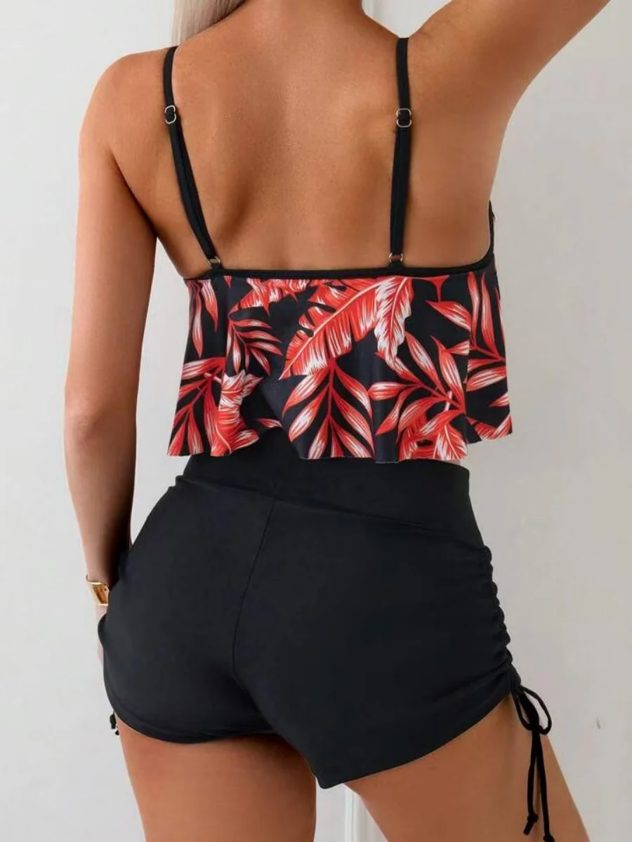 Leaf Print Ruffled Drawstring Boxer Shorts Bikini - Image 10