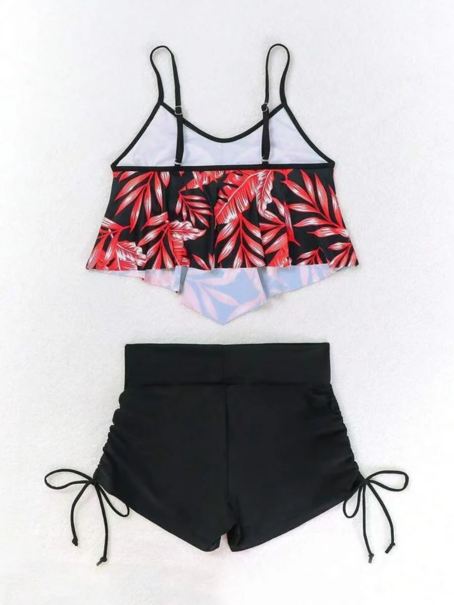 Leaf Print Ruffled Drawstring Boxer Shorts Bikini - Image 11