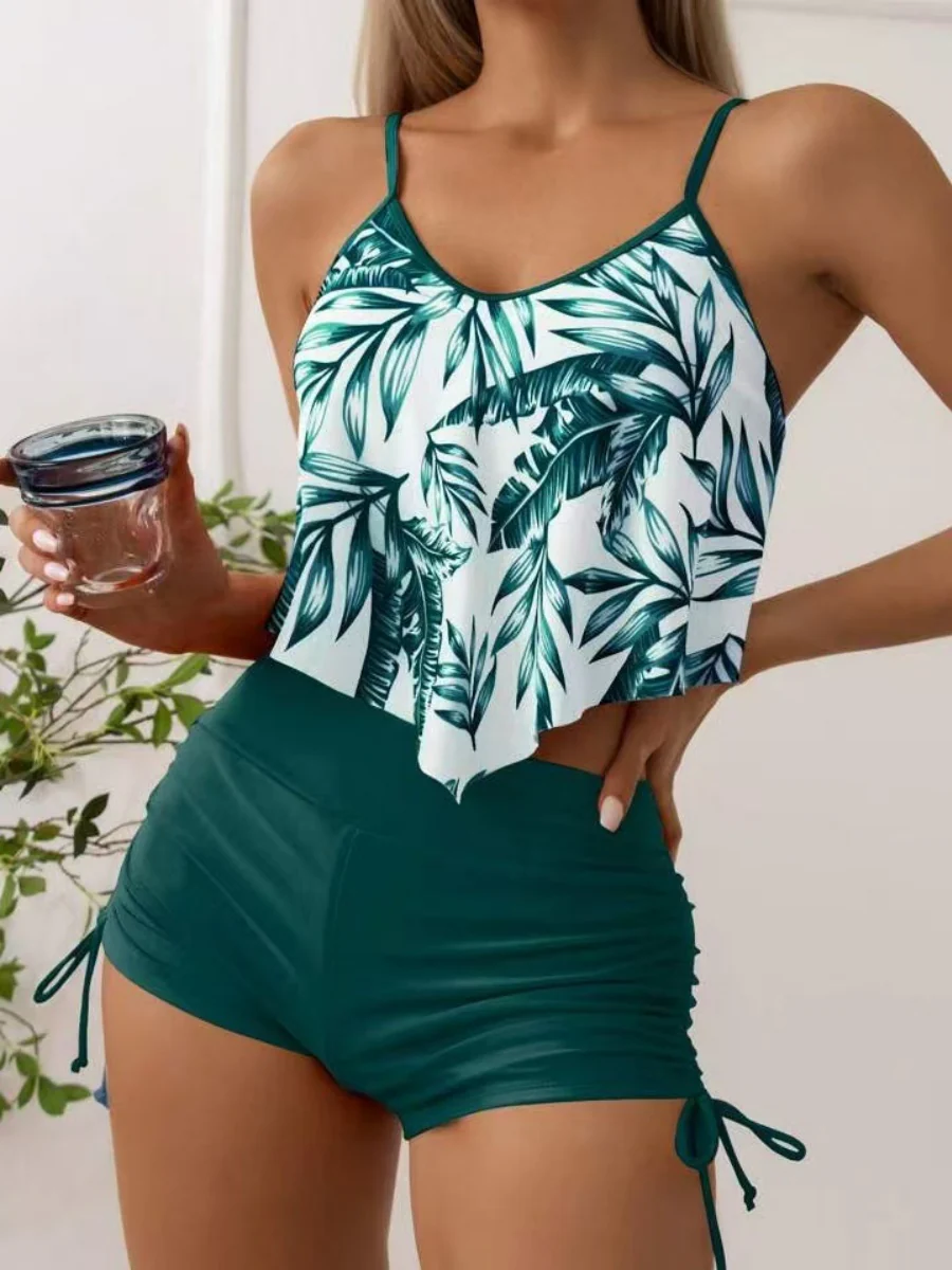 Leaf Print Ruffled Drawstring Boxer Shorts Bikini - Image 14