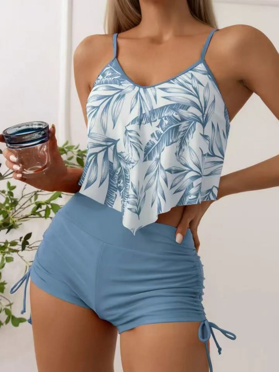 Leaf Print Ruffled Drawstring Boxer Shorts Bikini - Image 15