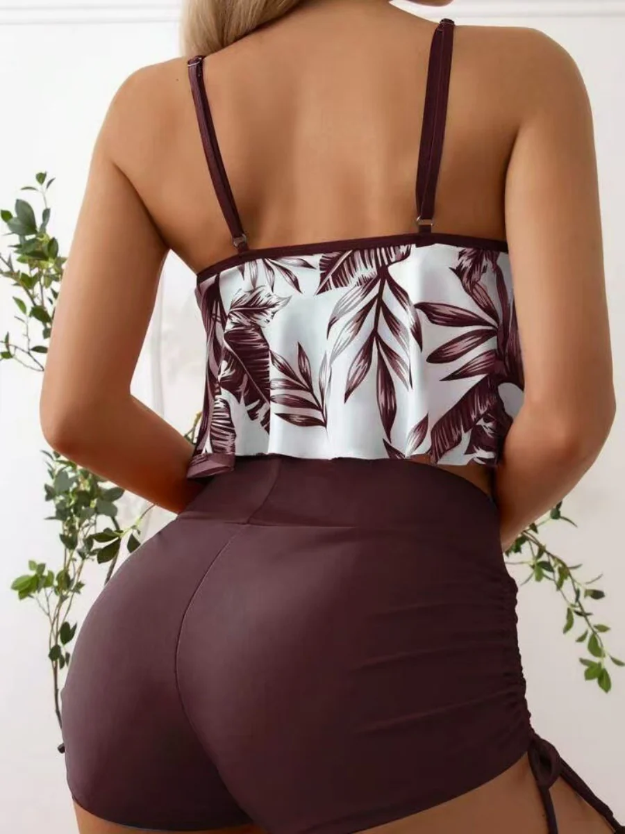 Leaf Print Ruffled Drawstring Boxer Shorts Bikini - Image 2