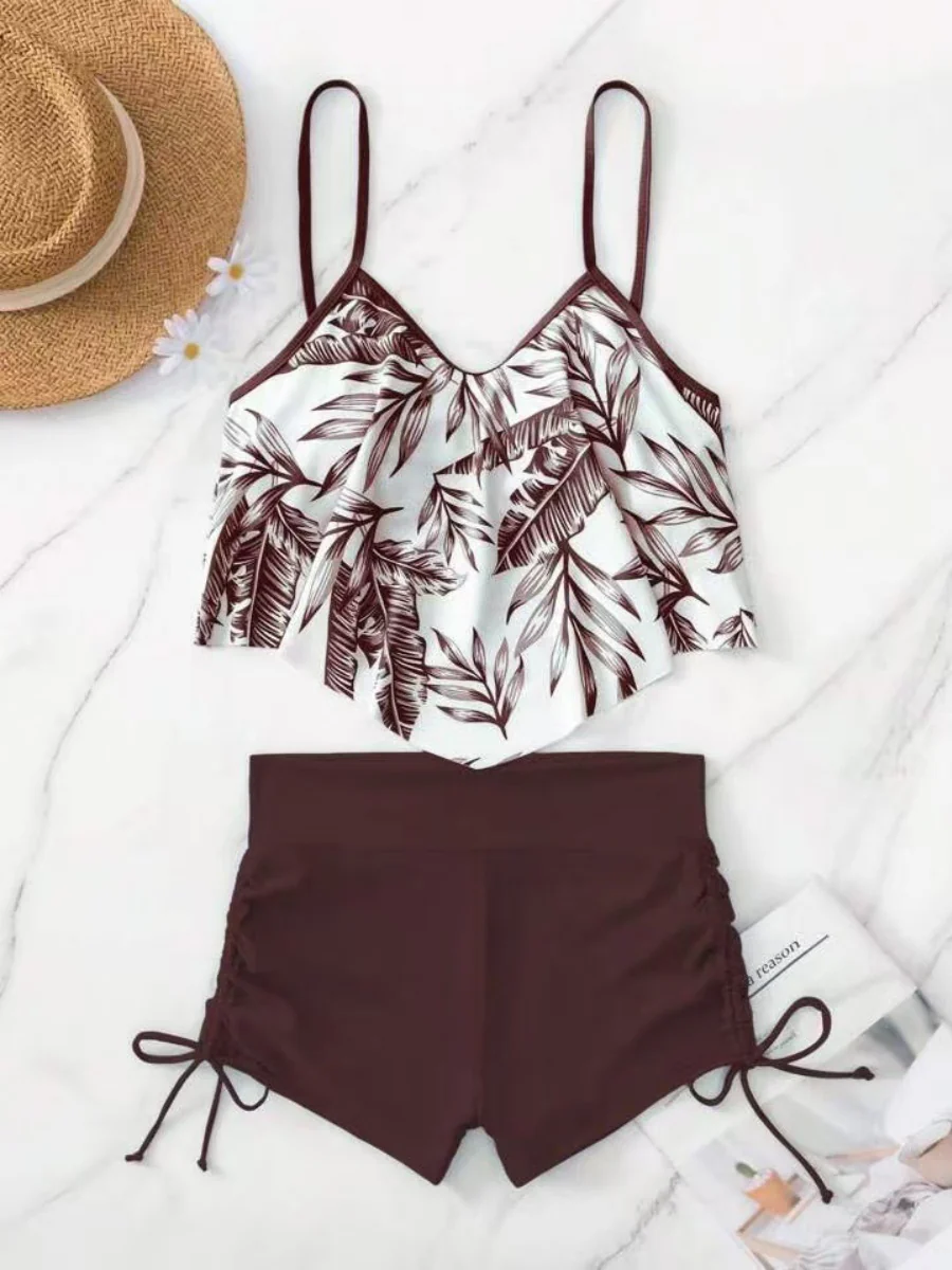 Leaf Print Ruffled Drawstring Boxer Shorts Bikini - Image 4
