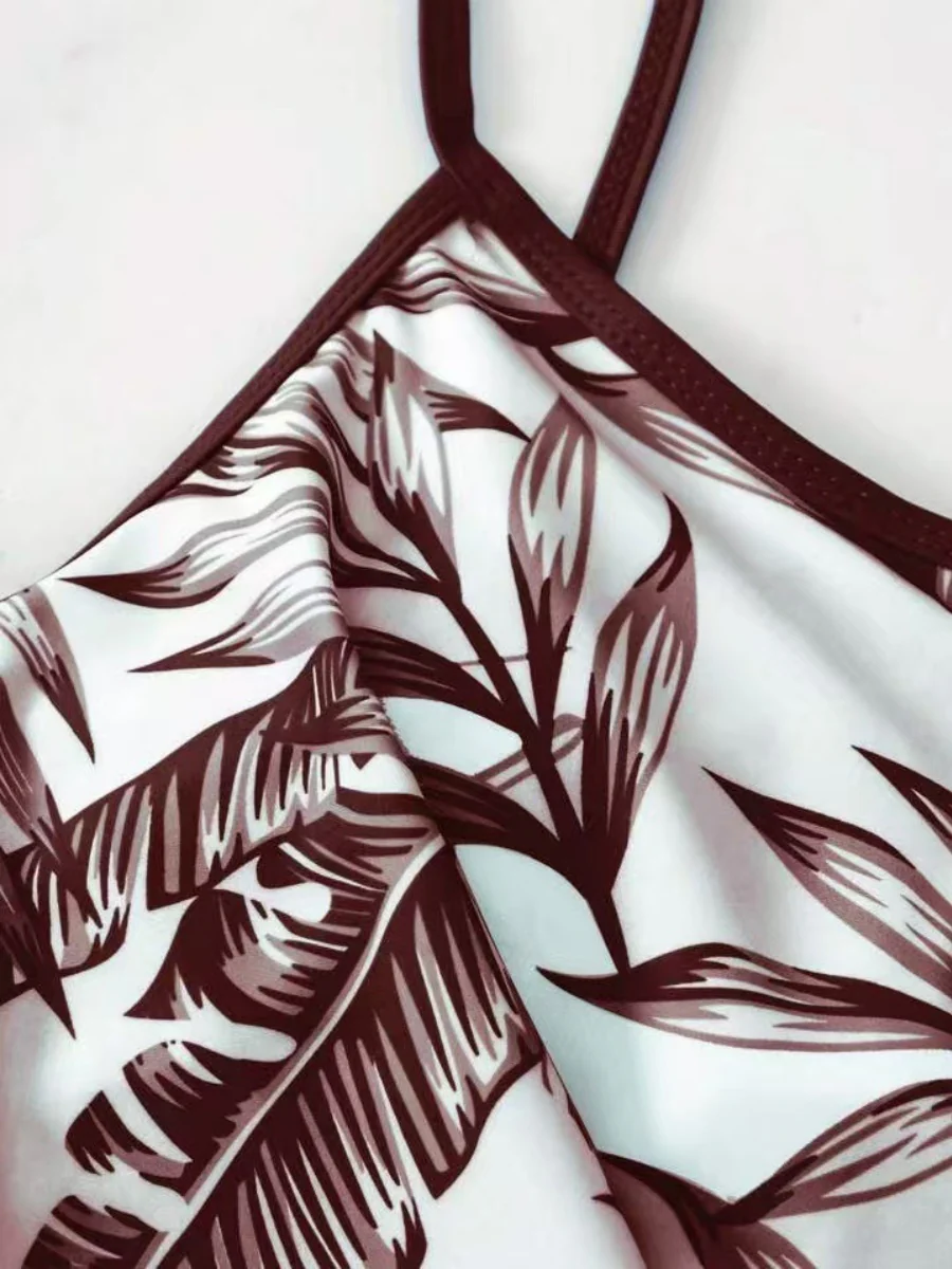 Leaf Print Ruffled Drawstring Boxer Shorts Bikini - Image 5