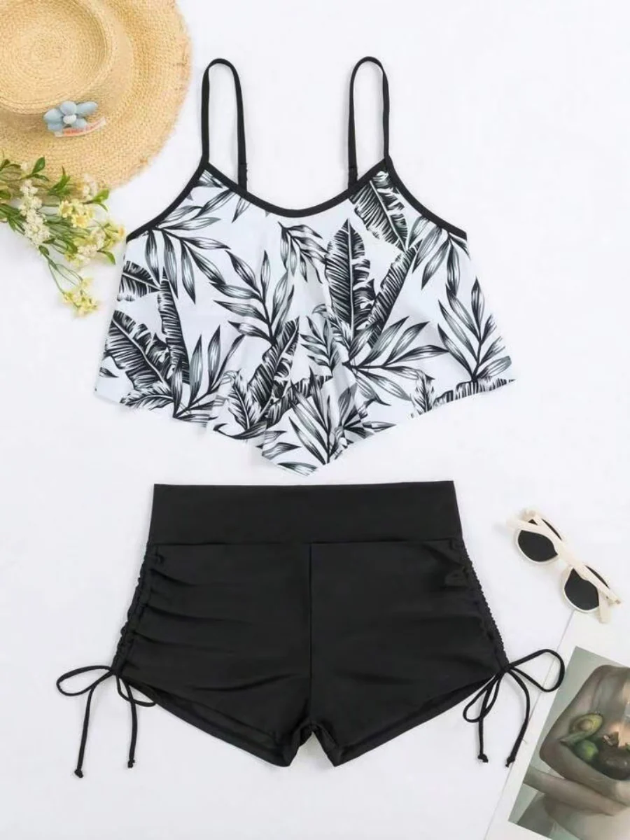Leaf Print Ruffled Drawstring Boxer Shorts Bikini - Image 8