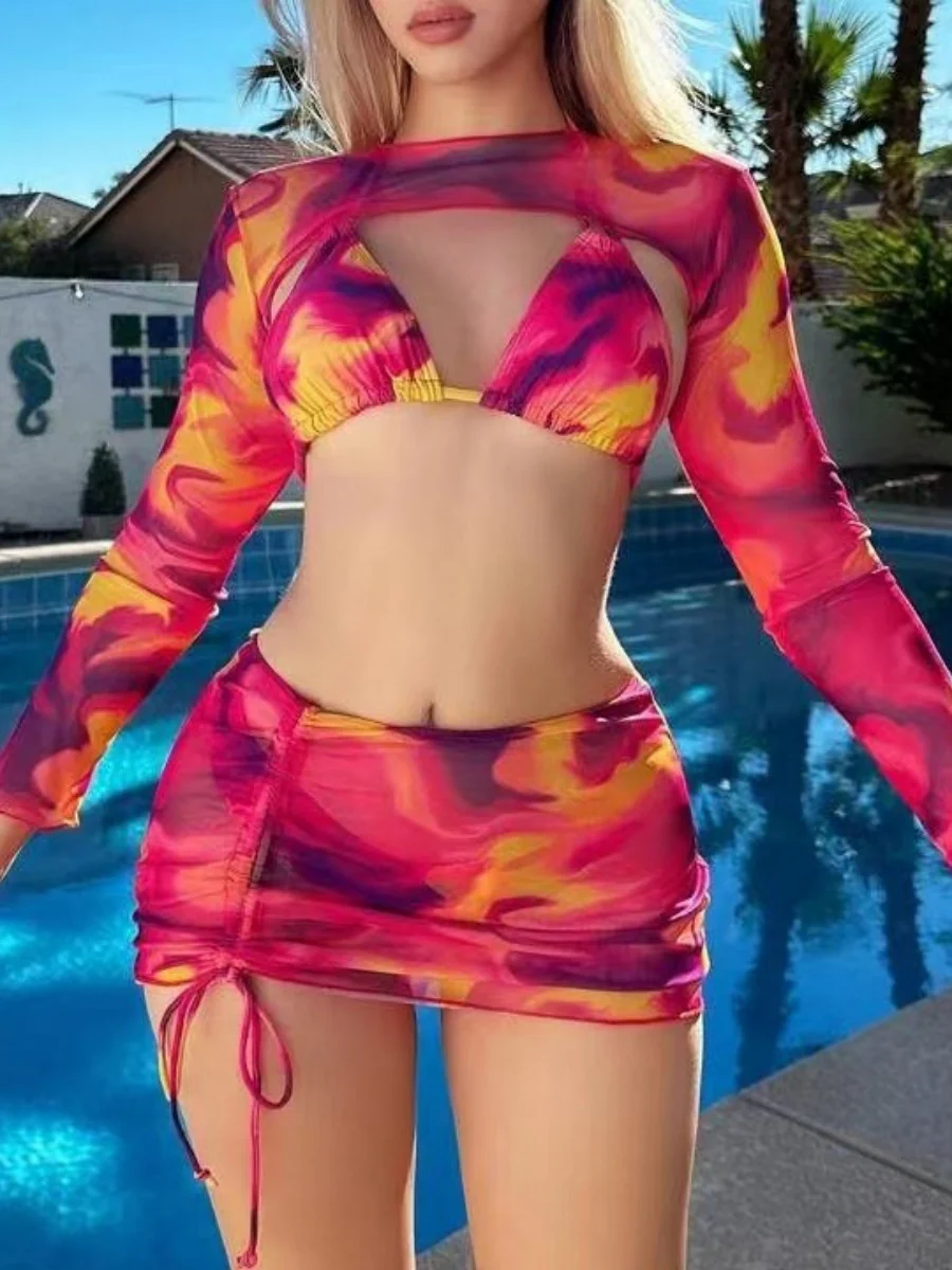 Tie-dye Print Bikini Long-sleeved Cover-up Multi-piece Set