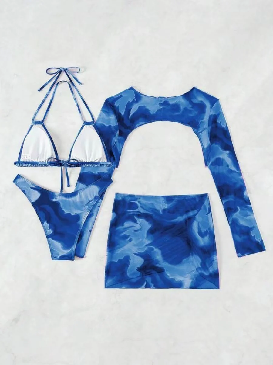 Tie-dye Print Bikini Long-sleeved Cover-up Multi-piece Set - Image 4