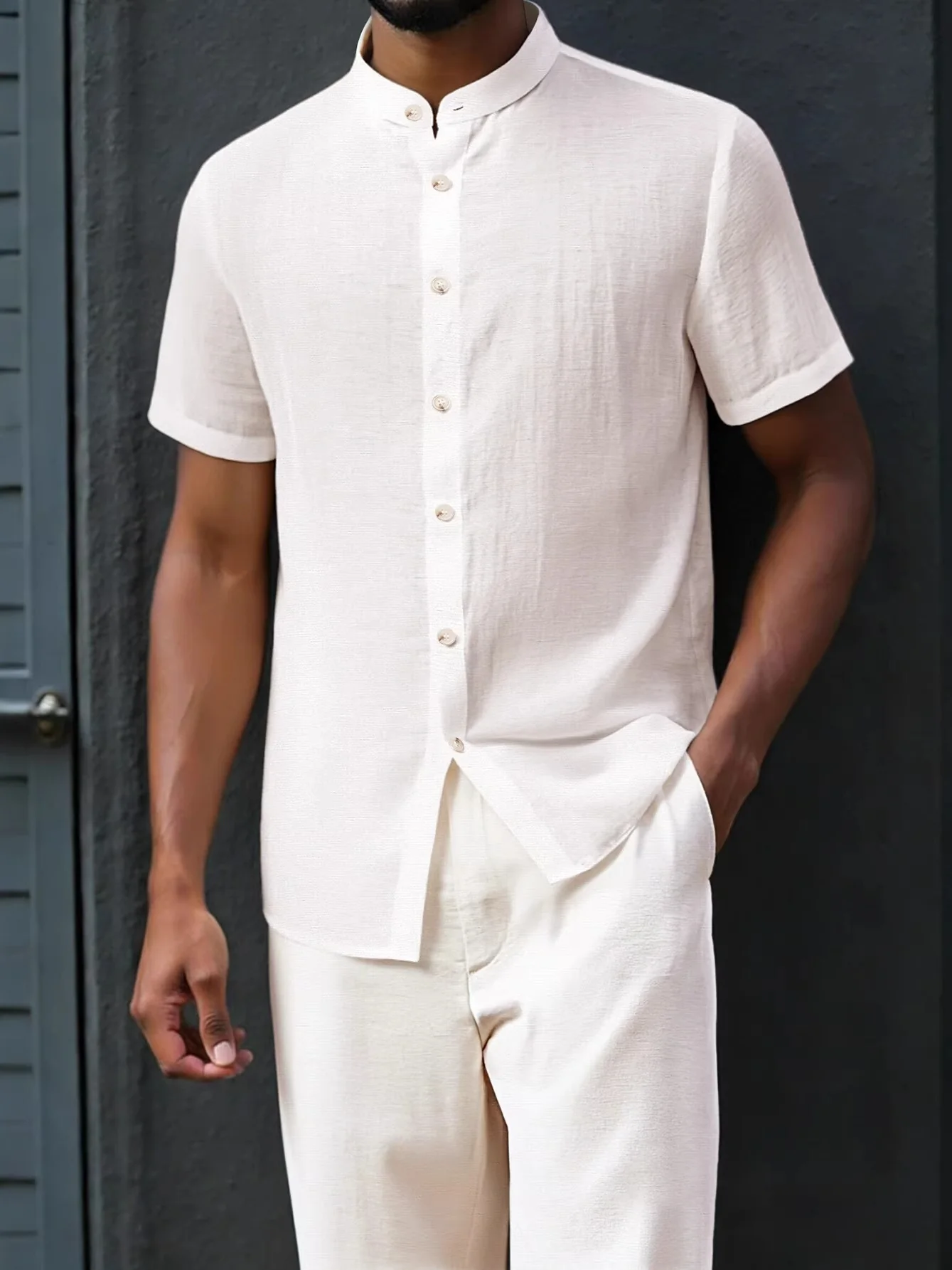 Leisure Stand Collar Breathable Flax Loose-fit 2-piece Sets Set - Image 3