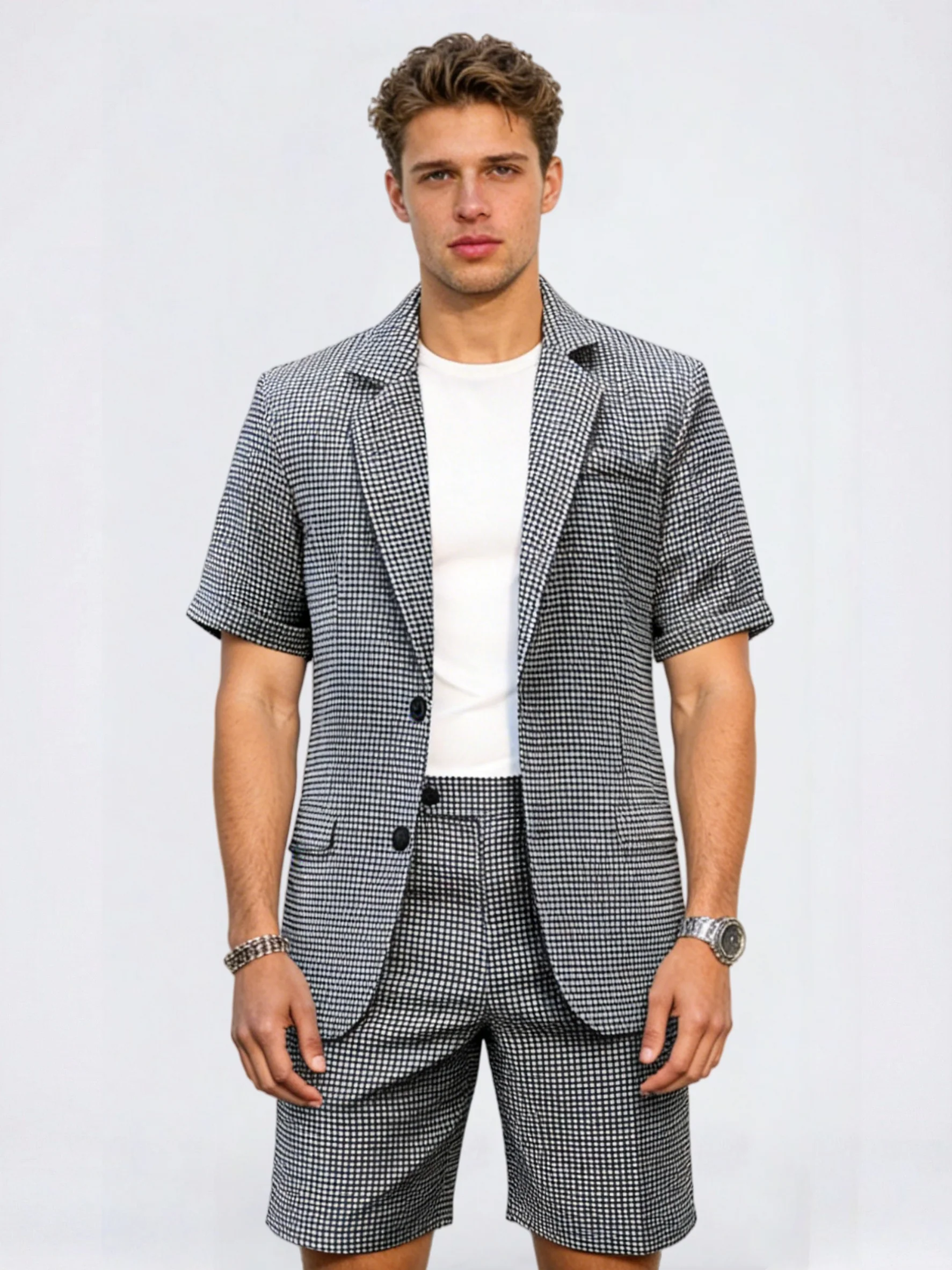 Plaid Slim-fit Business Dinner Leisure 2-piece Sets Set