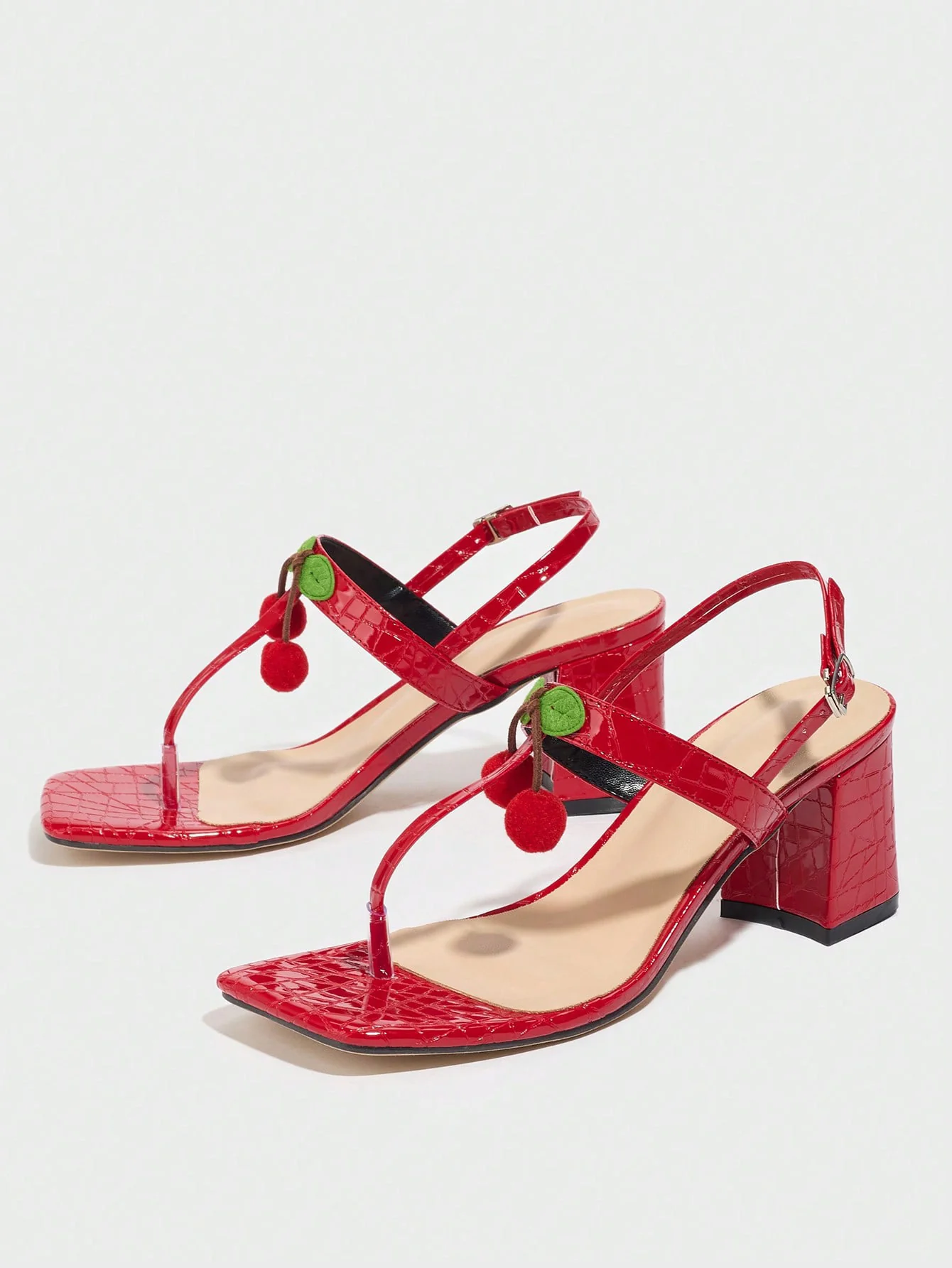 Sexy Red Cherry Square-toe High-heeled Sandals - Image 4