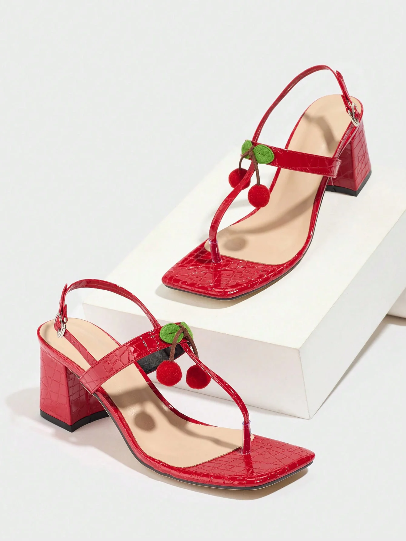 Sexy Red Cherry Square-toe High-heeled Sandals - Image 5
