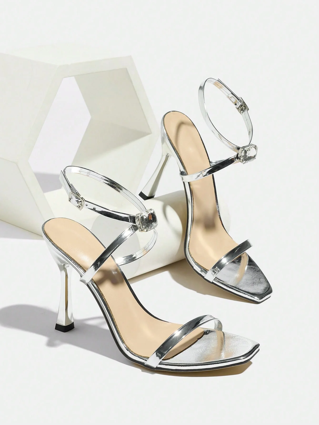 Thin-strapped Rhinestone Buckle Single-strap Stiletto Sandals - Image 12