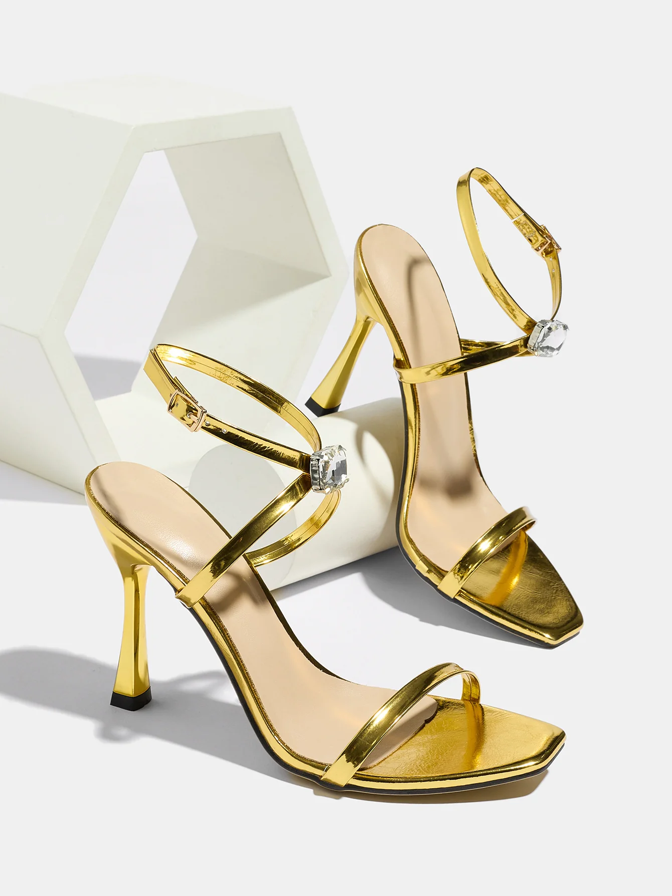 Thin-strapped Rhinestone Buckle Single-strap Stiletto Sandals - Image 17