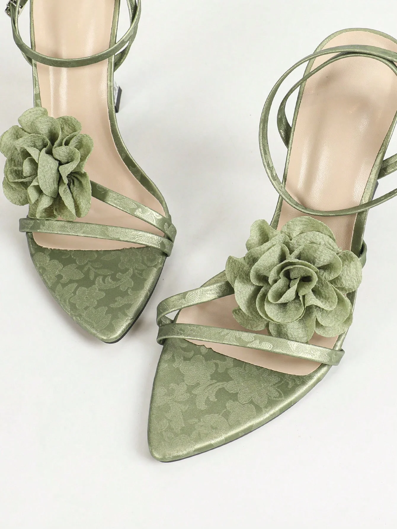 Emerald Green Floral Strap High-heeled Sandals - Image 4