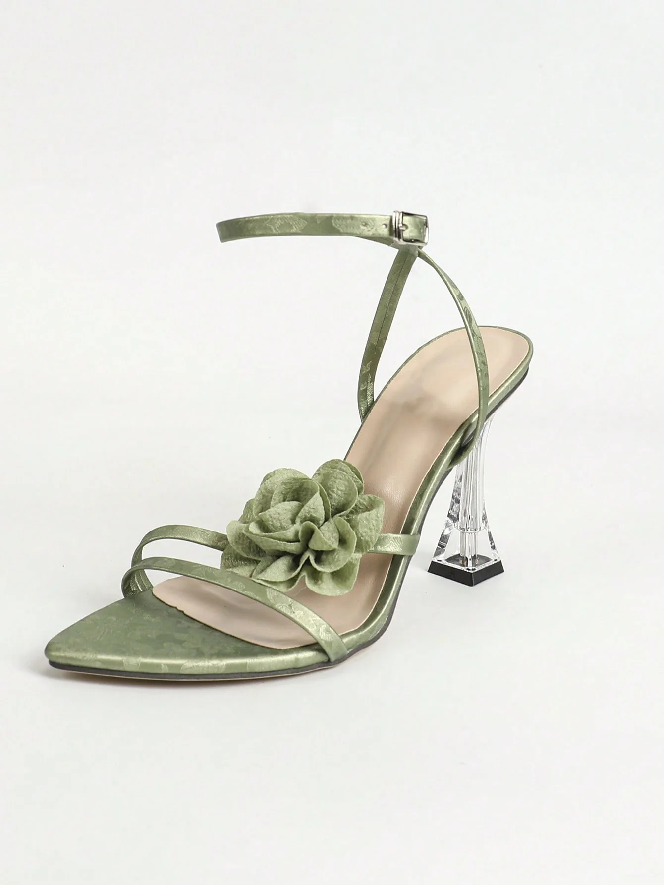 Emerald Green Floral Strap High-heeled Sandals - Image 5