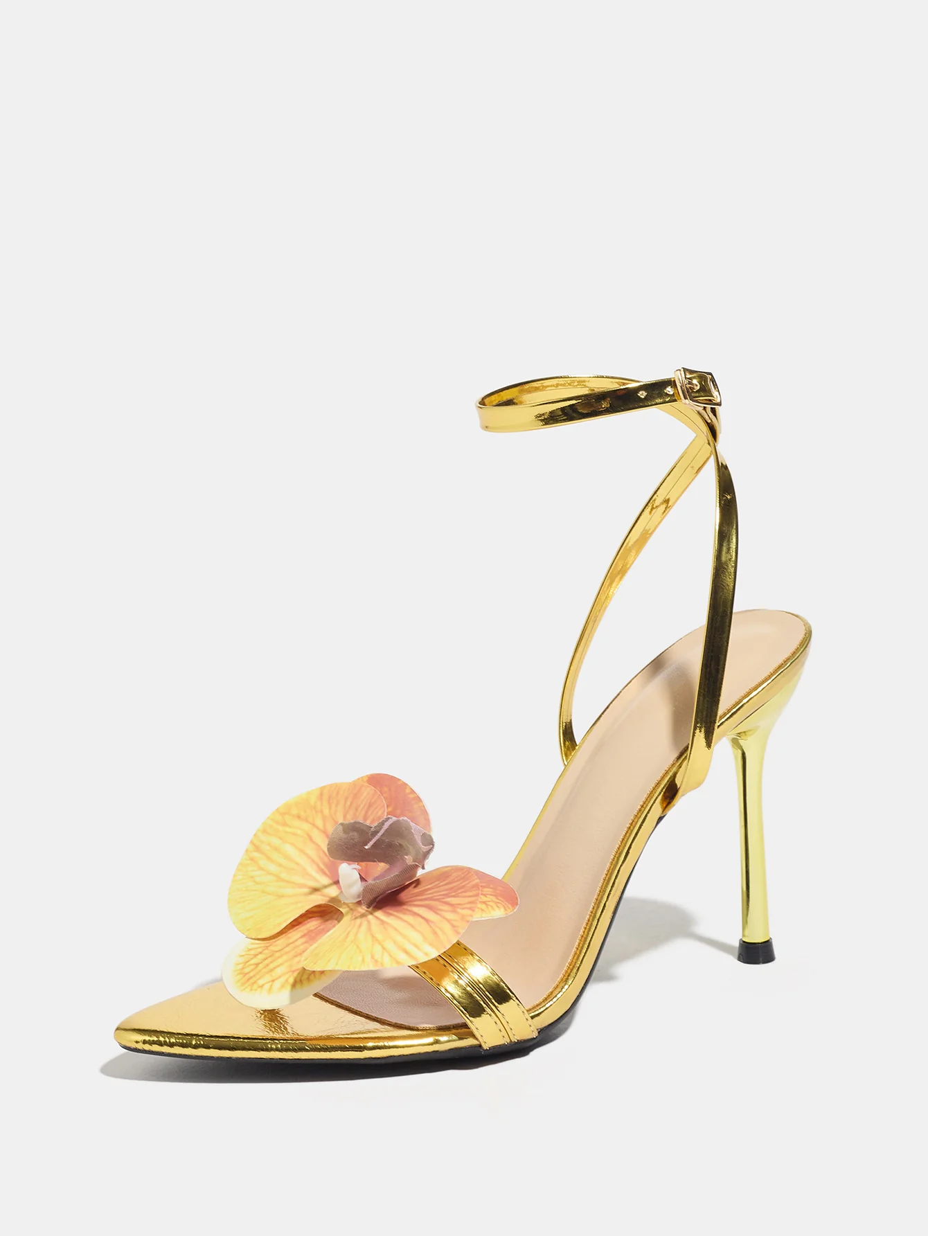 3D Floral Gold High-heeled Sandals - Image 4