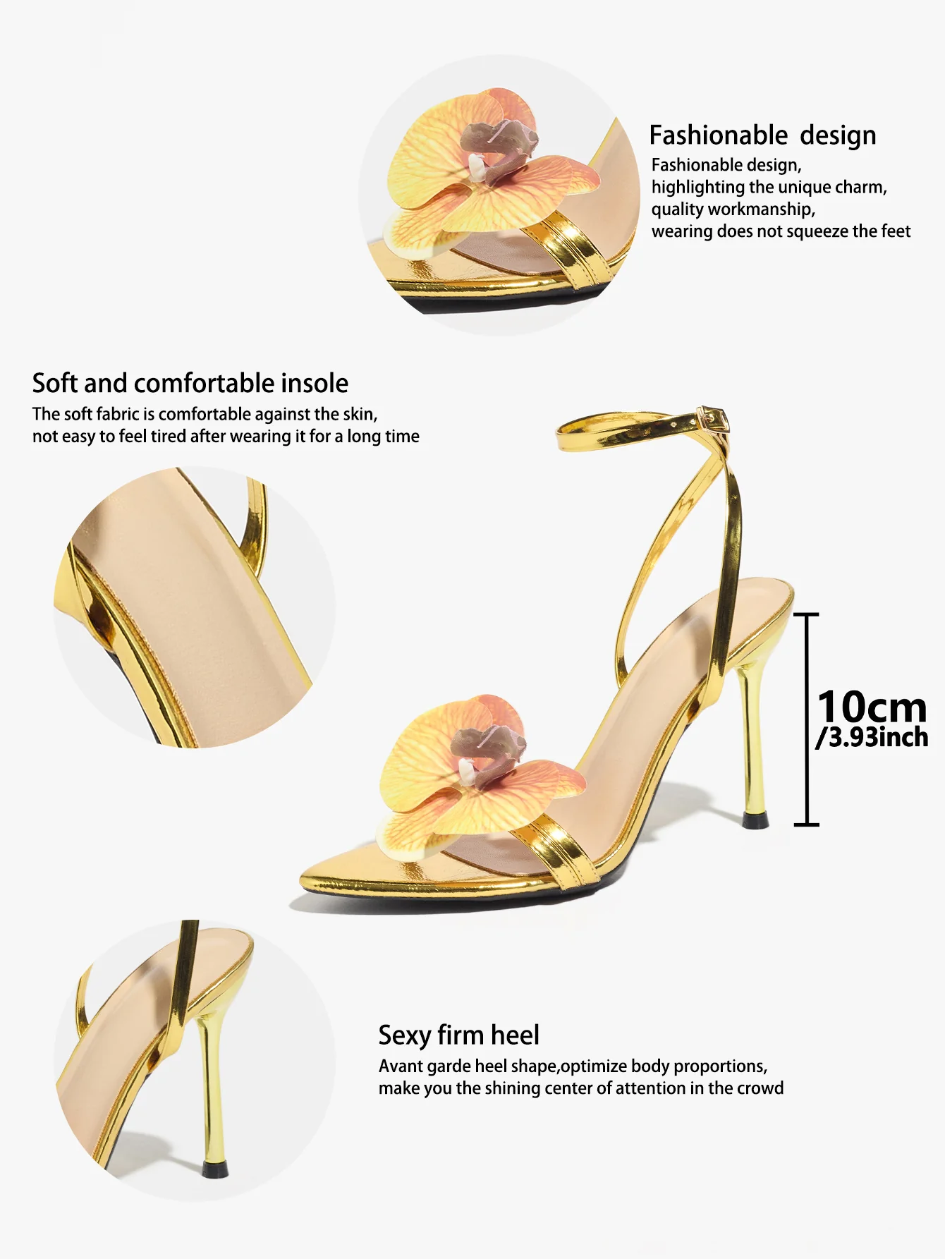 3D Floral Gold High-heeled Sandals - Image 7
