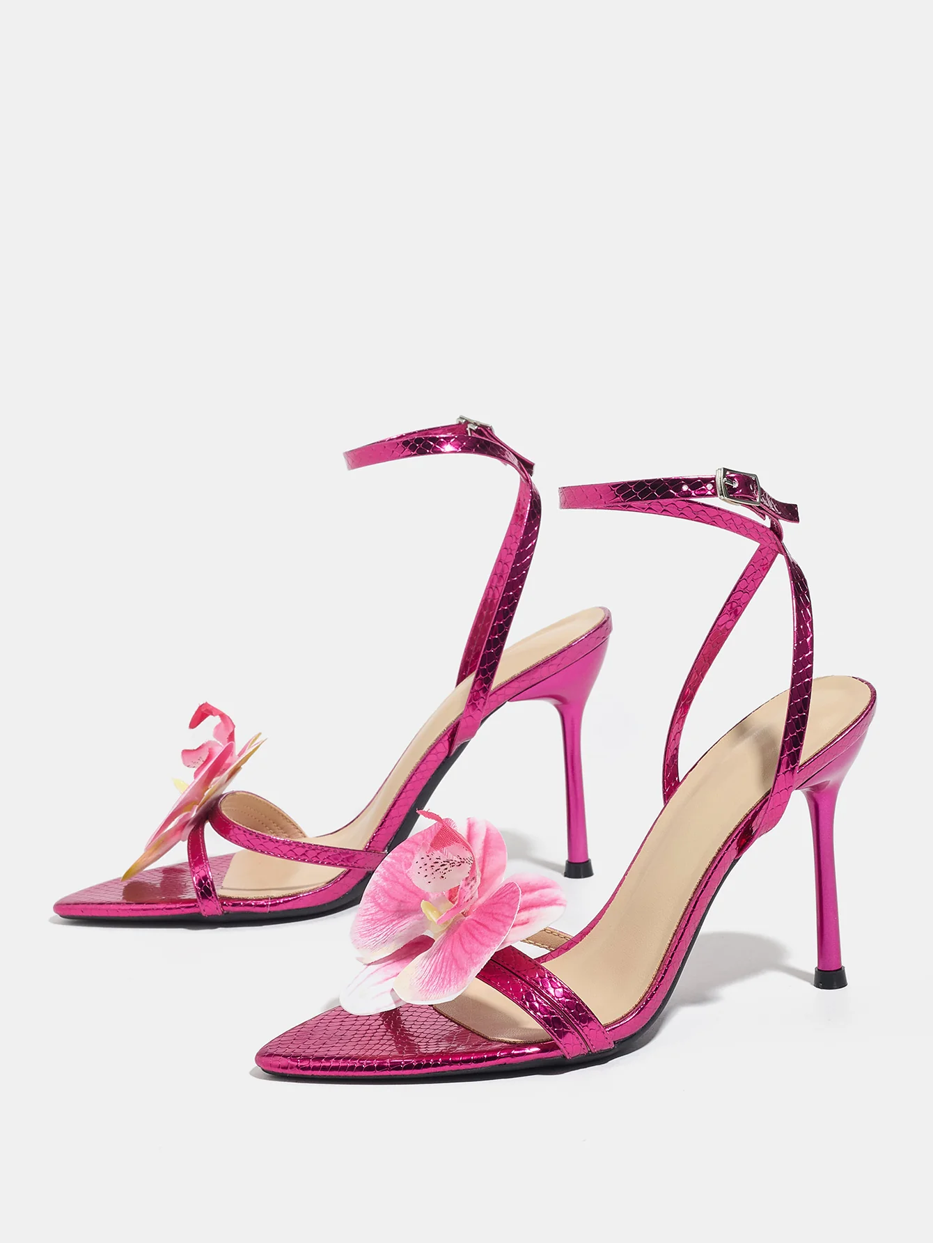 Three-dimensional Floral Rose Red Crisscross Strap Stiletto Sandals - Image 6