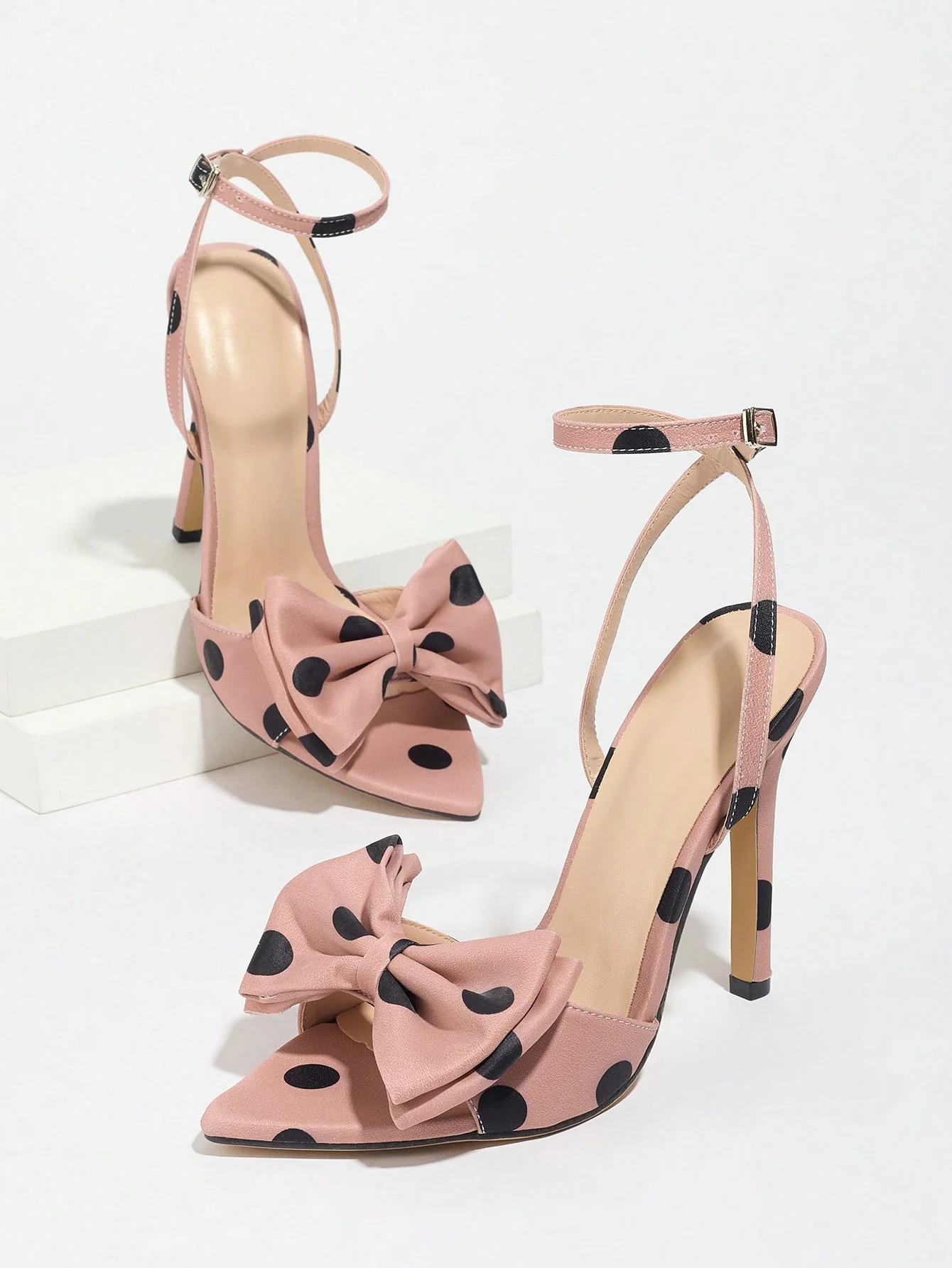 Sweet Color-blocked Polka Dot Bow High-heeled Sandals - Image 7