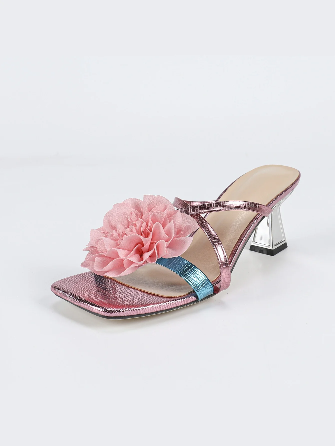 3D Floral Iridescent Square-toe High-heeled Sandals - Image 6