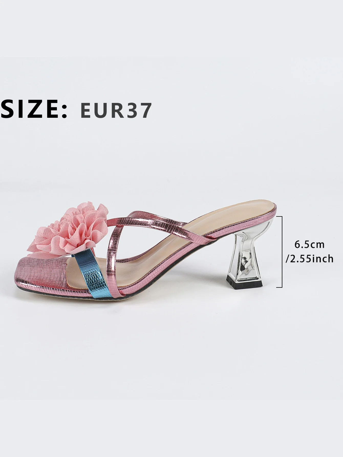 3D Floral Iridescent Square-toe High-heeled Sandals - Image 7