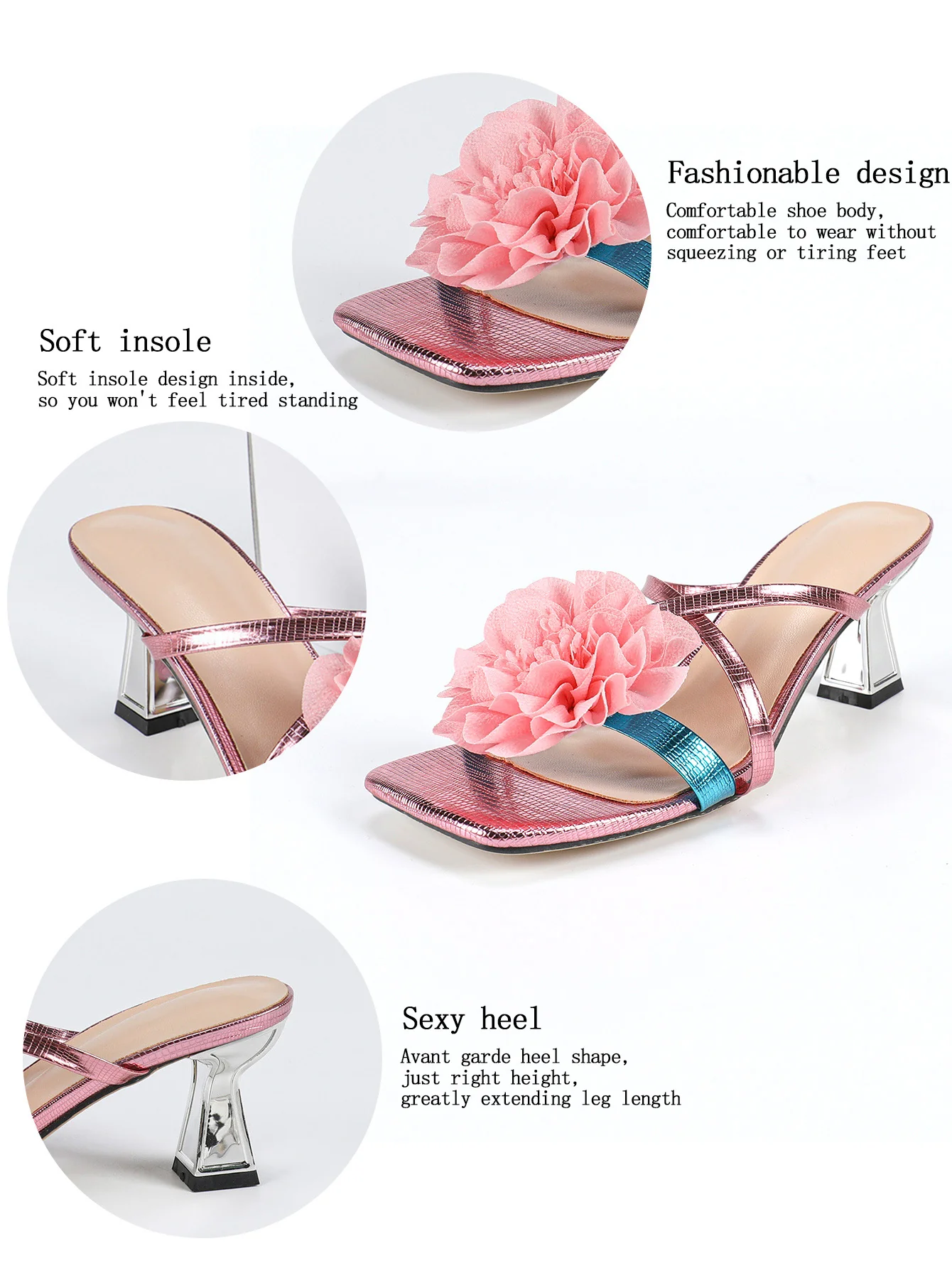 3D Floral Iridescent Square-toe High-heeled Sandals - Image 8