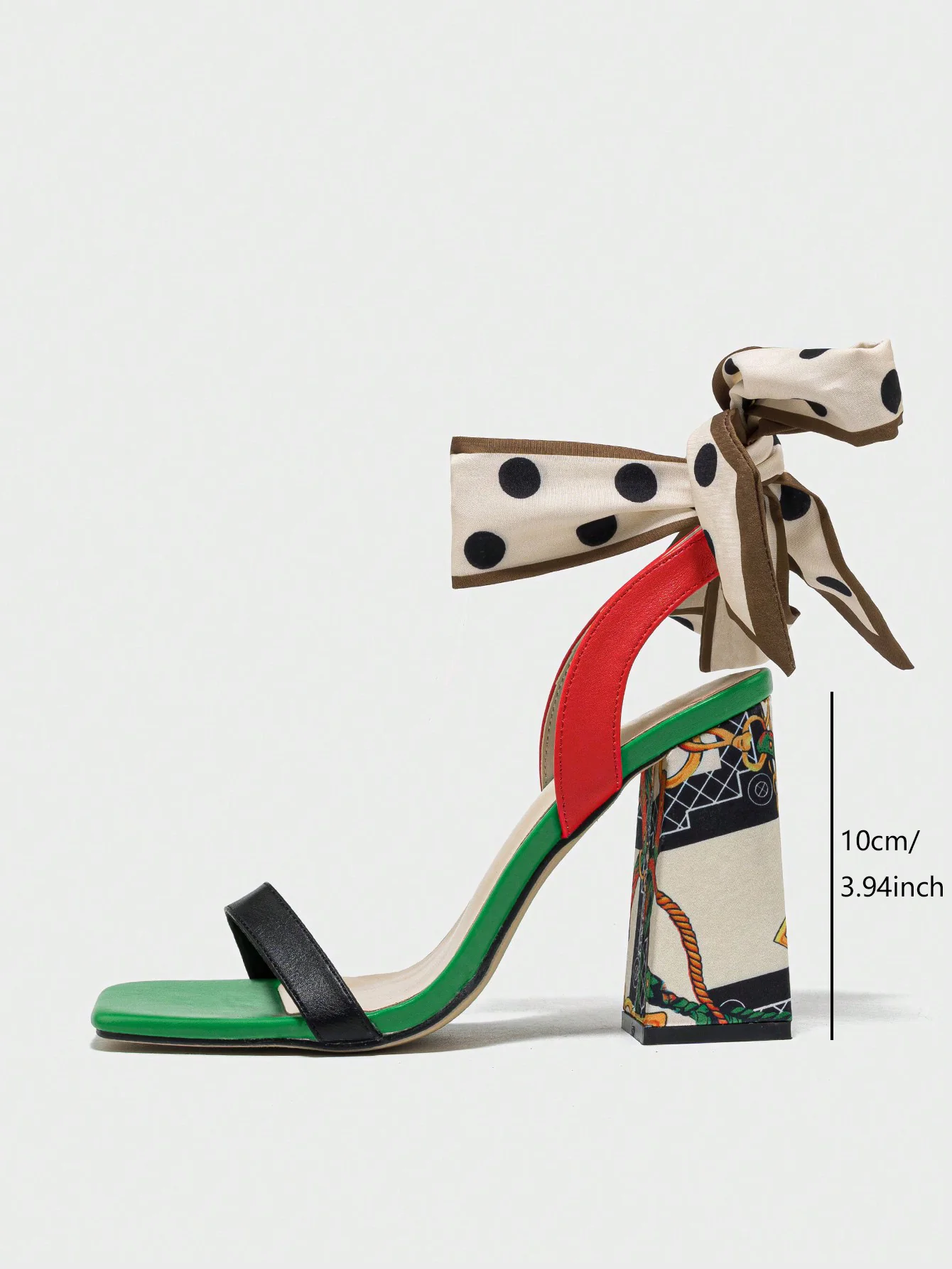 Colorful Polka Dot Bow Strap Square-toe High-heeled Sandals - Image 6