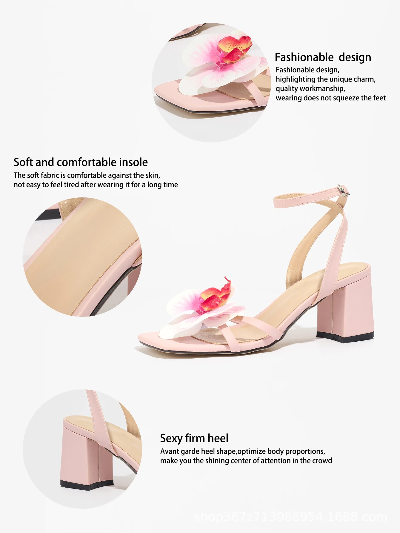 Three-dimensional Floral Square-toe Elegant Light Pink High-heeled Sandals - Image 4