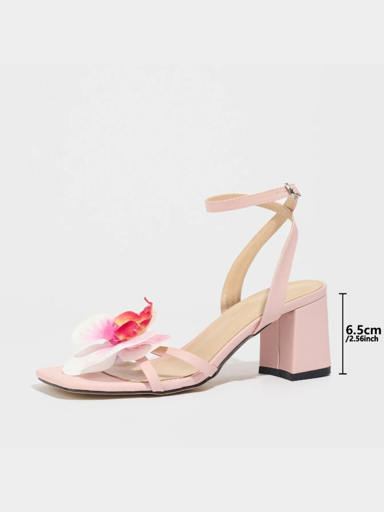 Three-dimensional Floral Square-toe Elegant Light Pink High-heeled Sandals - Image 5
