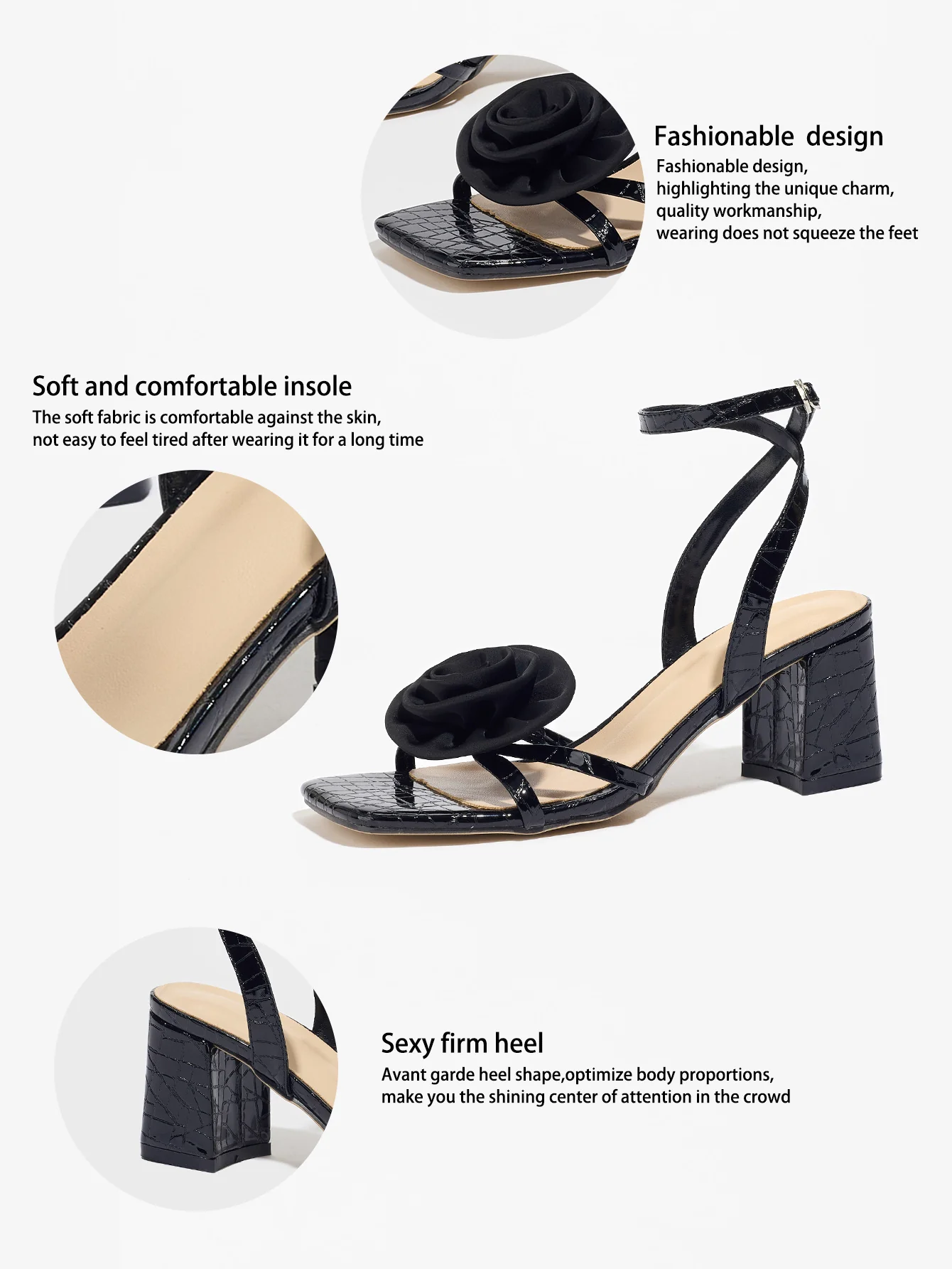 Black Square-toe High-heeled Sandals With 3D Floral Embossing - Image 4