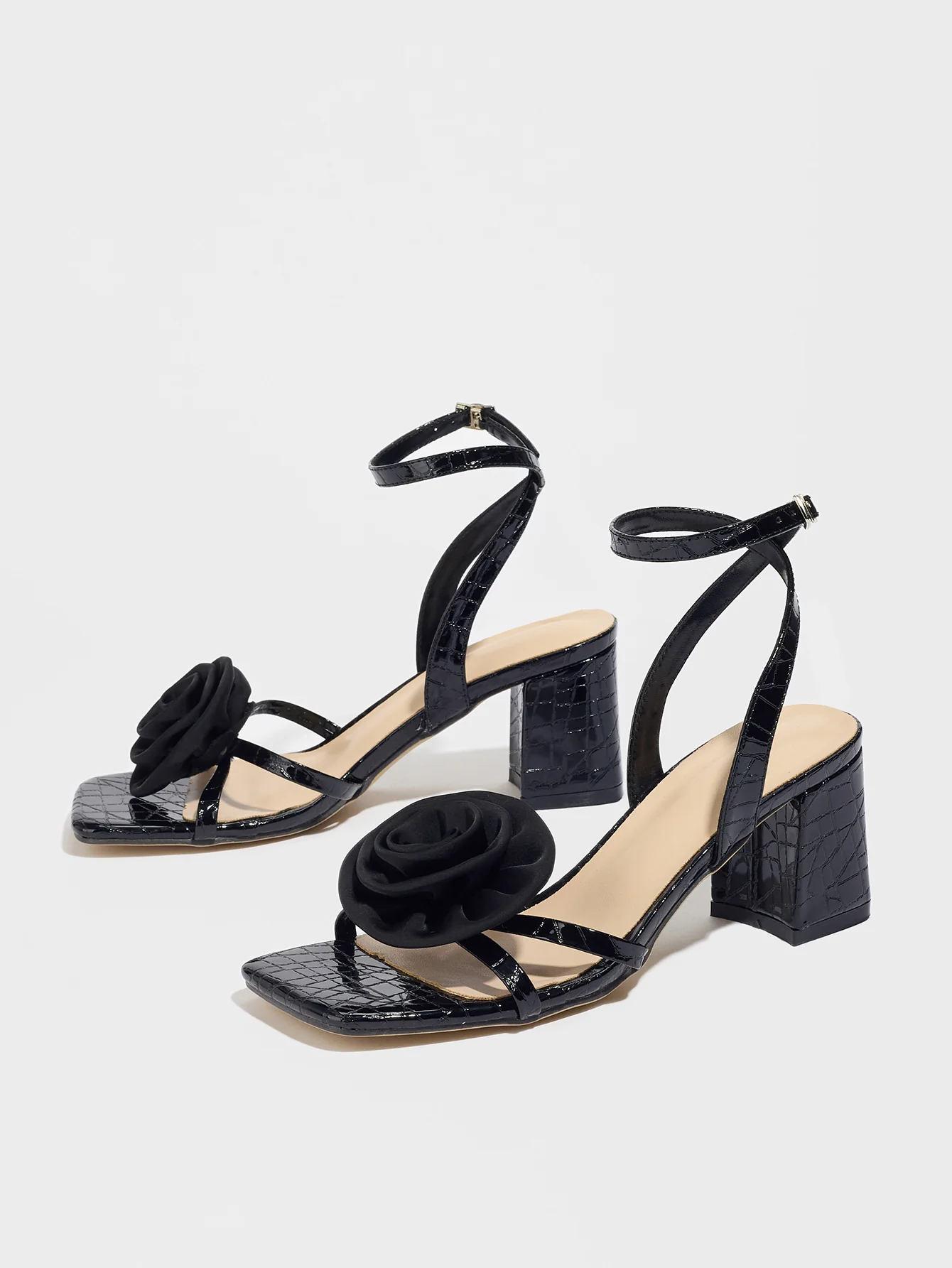 Black Square-toe High-heeled Sandals With 3D Floral Embossing - Image 6