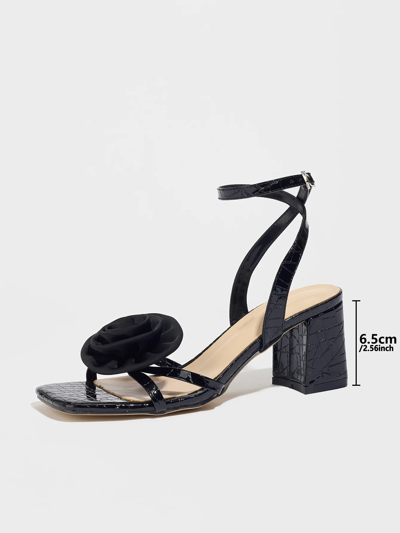 Black Square-toe High-heeled Sandals With 3D Floral Embossing - Image 7