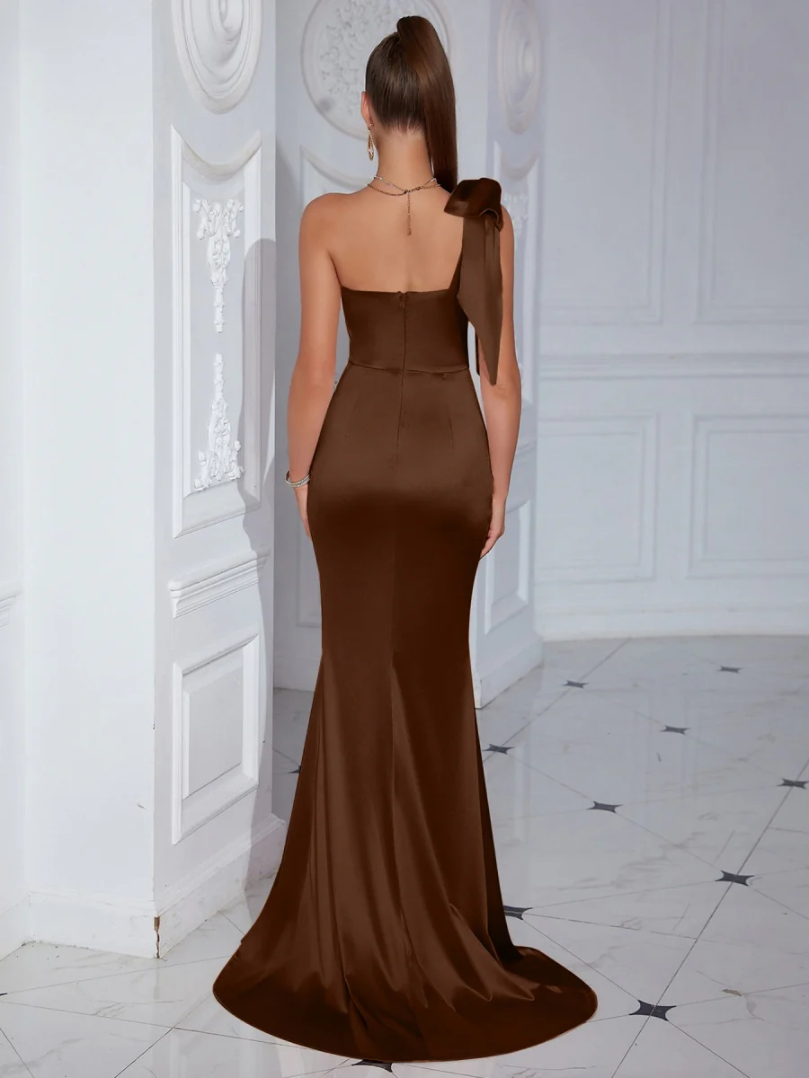 Satin Fish Bones Brown Slit Wedding Maxi Dresses - Image 12