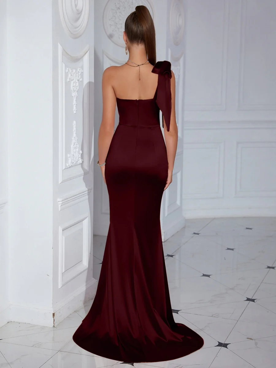 Satin Fish Bones Brown Slit Wedding Maxi Dresses - Image 2