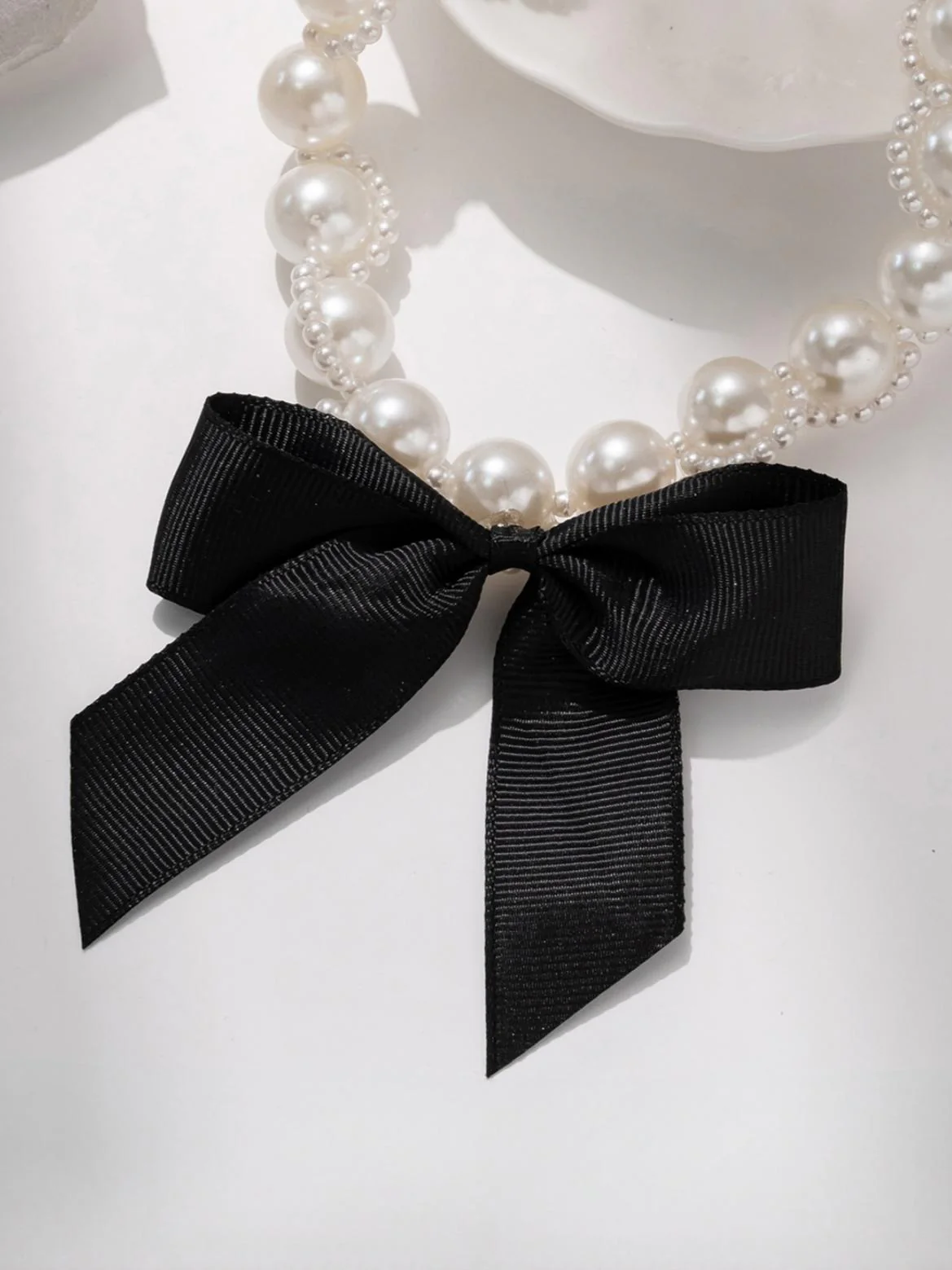 Imitation Pearl Ribbon Bow Necklace - Image 3