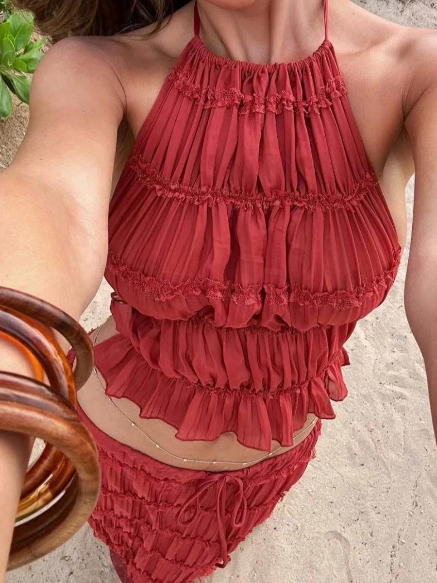 Two-piece Set Of Backless Halter Neck Adjustable Sleeveless Long Dress For Vacation At The Beach - Image 4