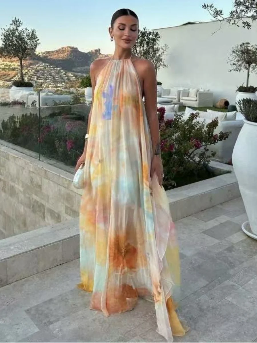 Halter Neck Elegant Off-shoulder Double-layered Loose Long Dress - Image 2
