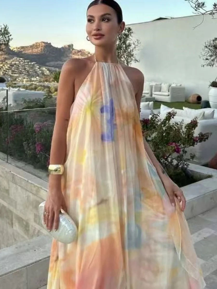 Halter Neck Elegant Off-shoulder Double-layered Loose Long Dress - Image 3