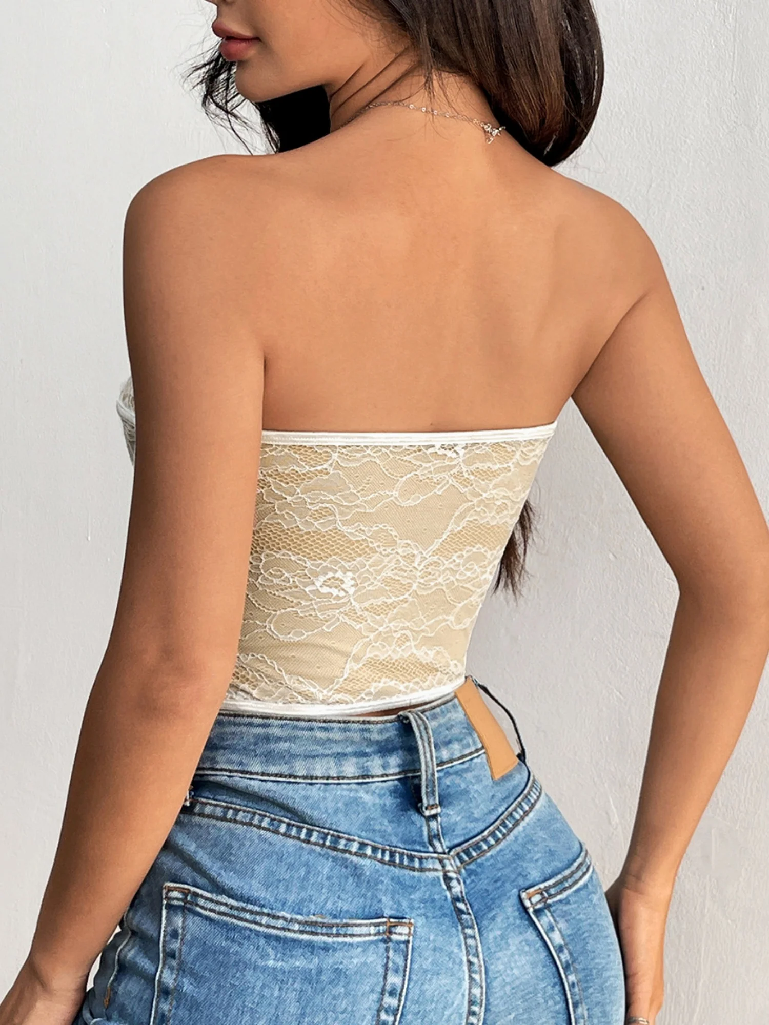 Lace Trim Splicing Buttons Strapless Bra - Image 10