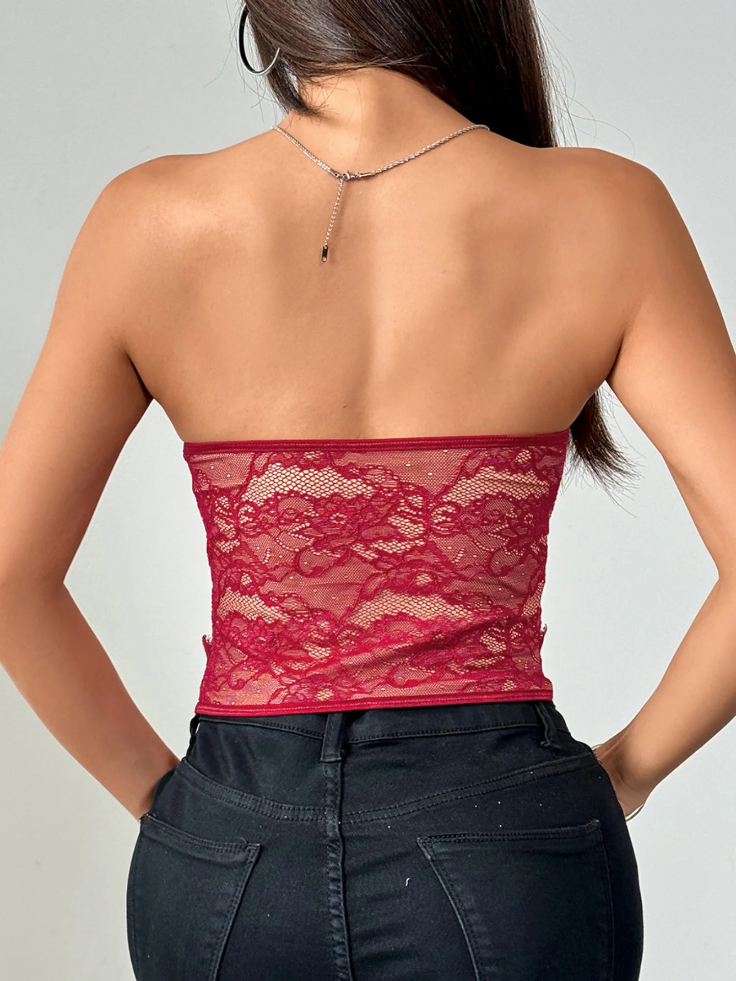 Lace Trim Splicing Buttons Strapless Bra - Image 18