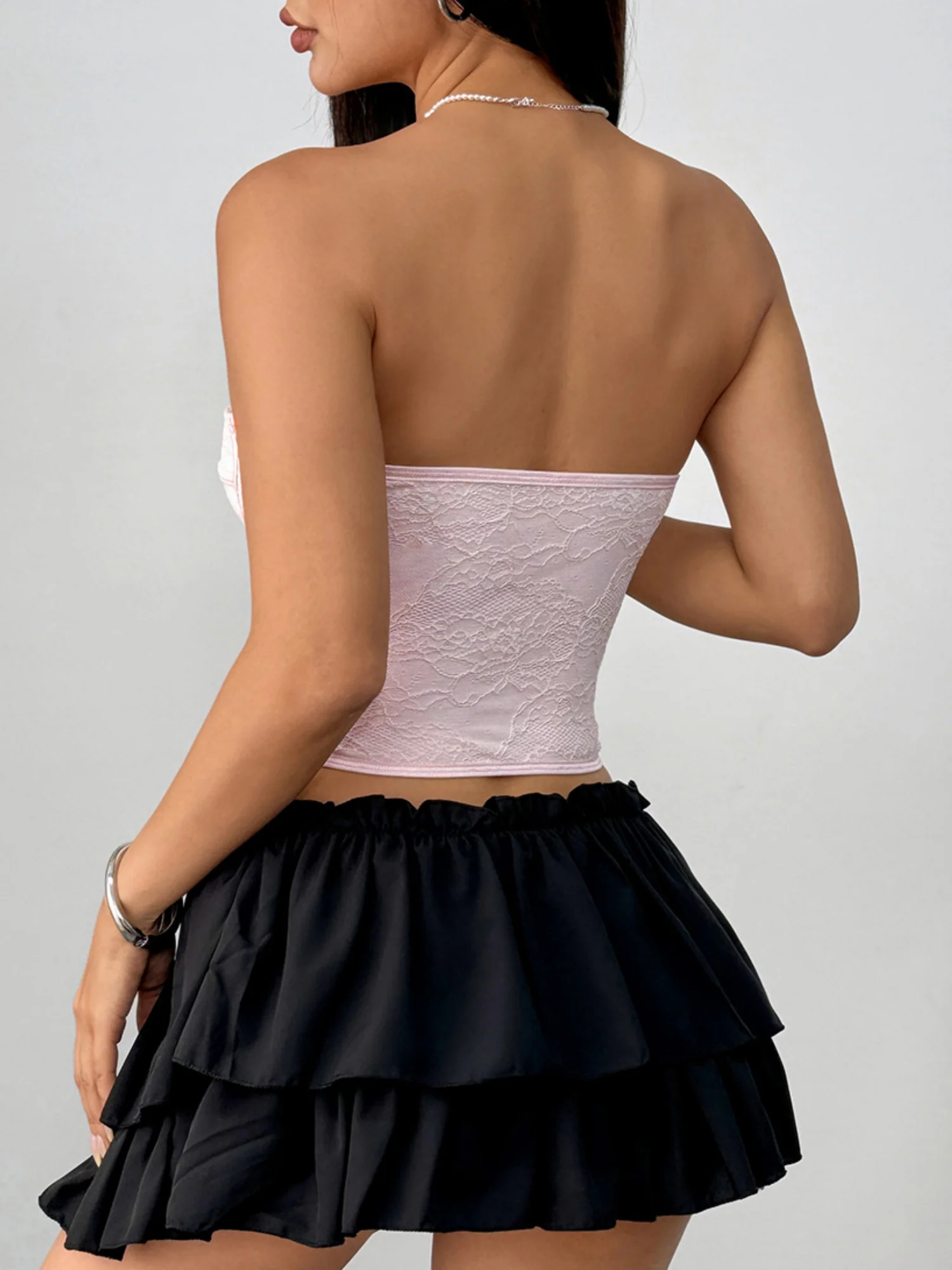 Lace Trim Splicing Buttons Strapless Bra - Image 2