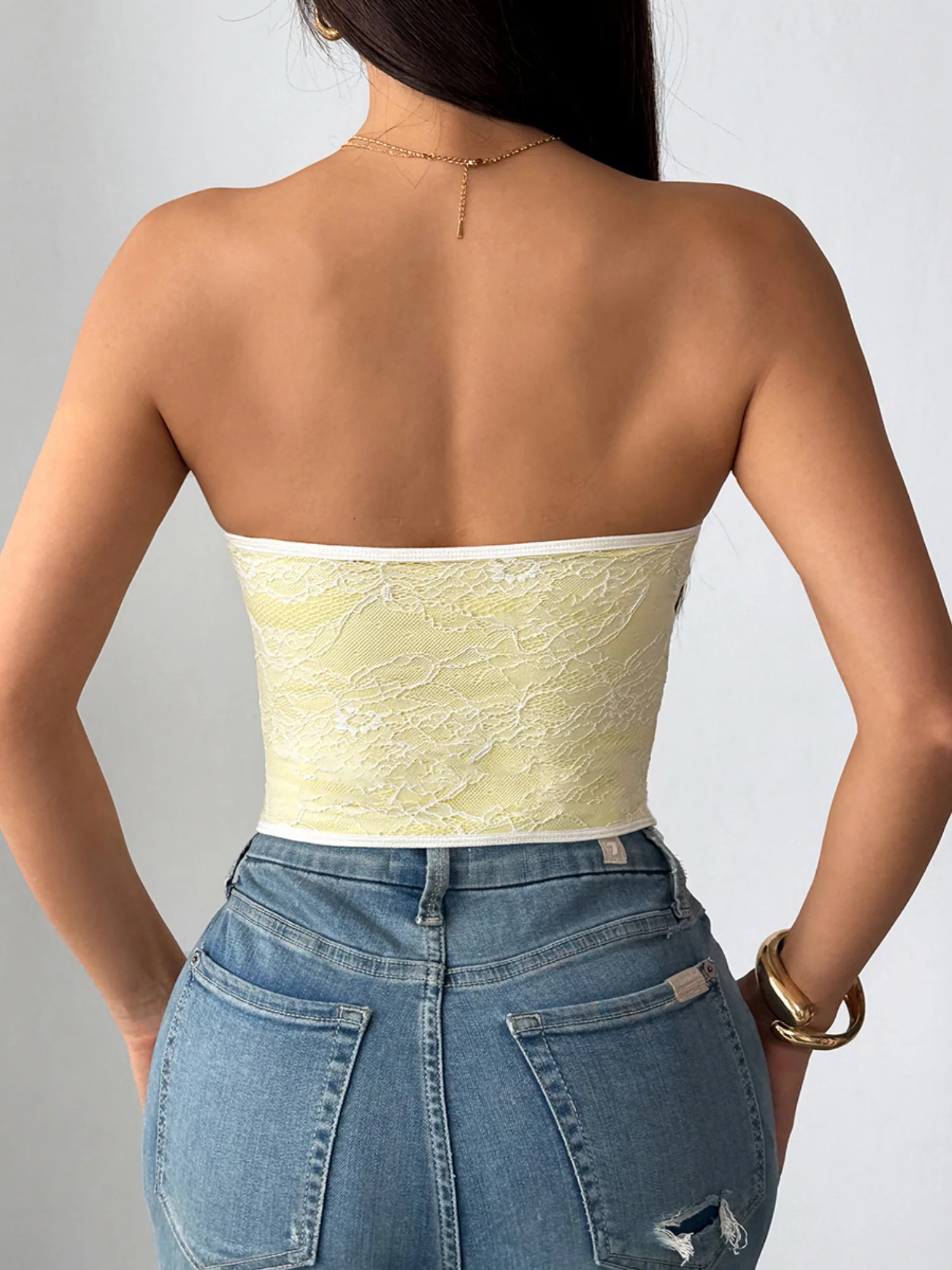 Lace Trim Splicing Buttons Strapless Bra - Image 22