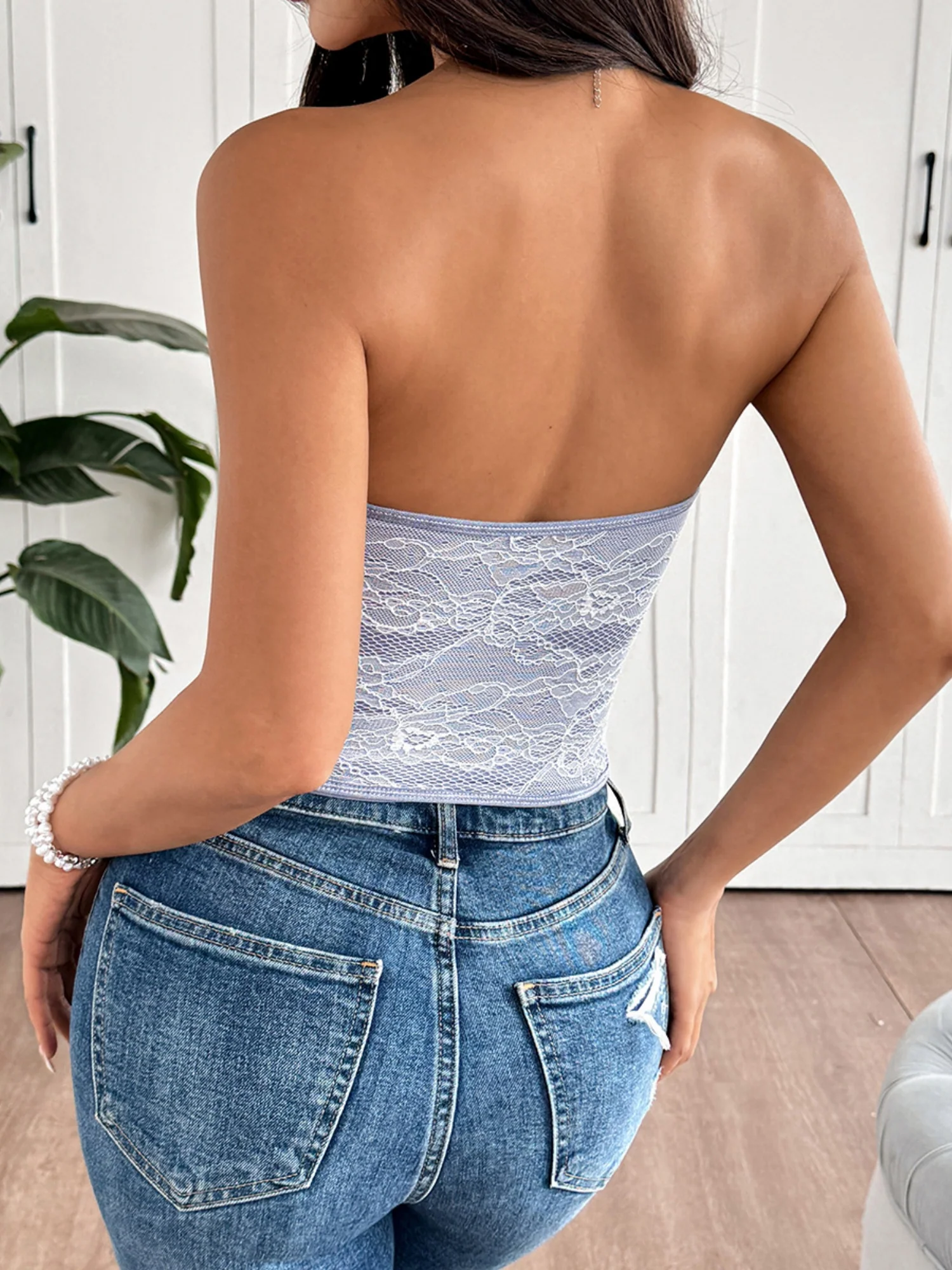 Lace Trim Splicing Buttons Strapless Bra - Image 26