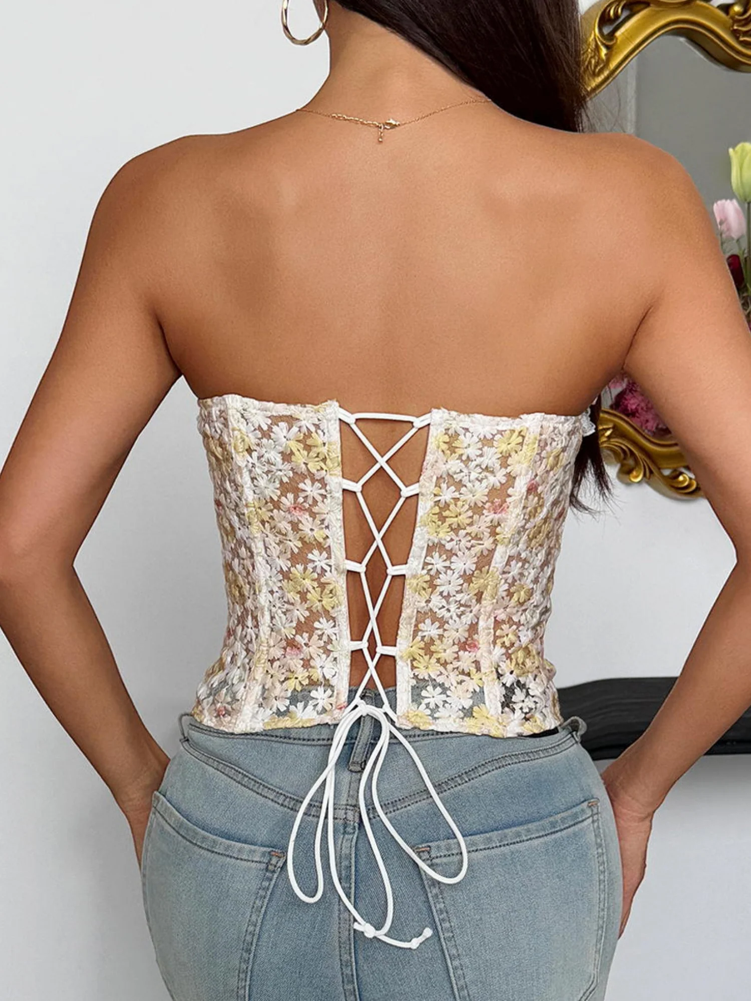 Flower Embroidery See-through Rope Gathering And Cultivating Oneself Strapless Bra - Image 10