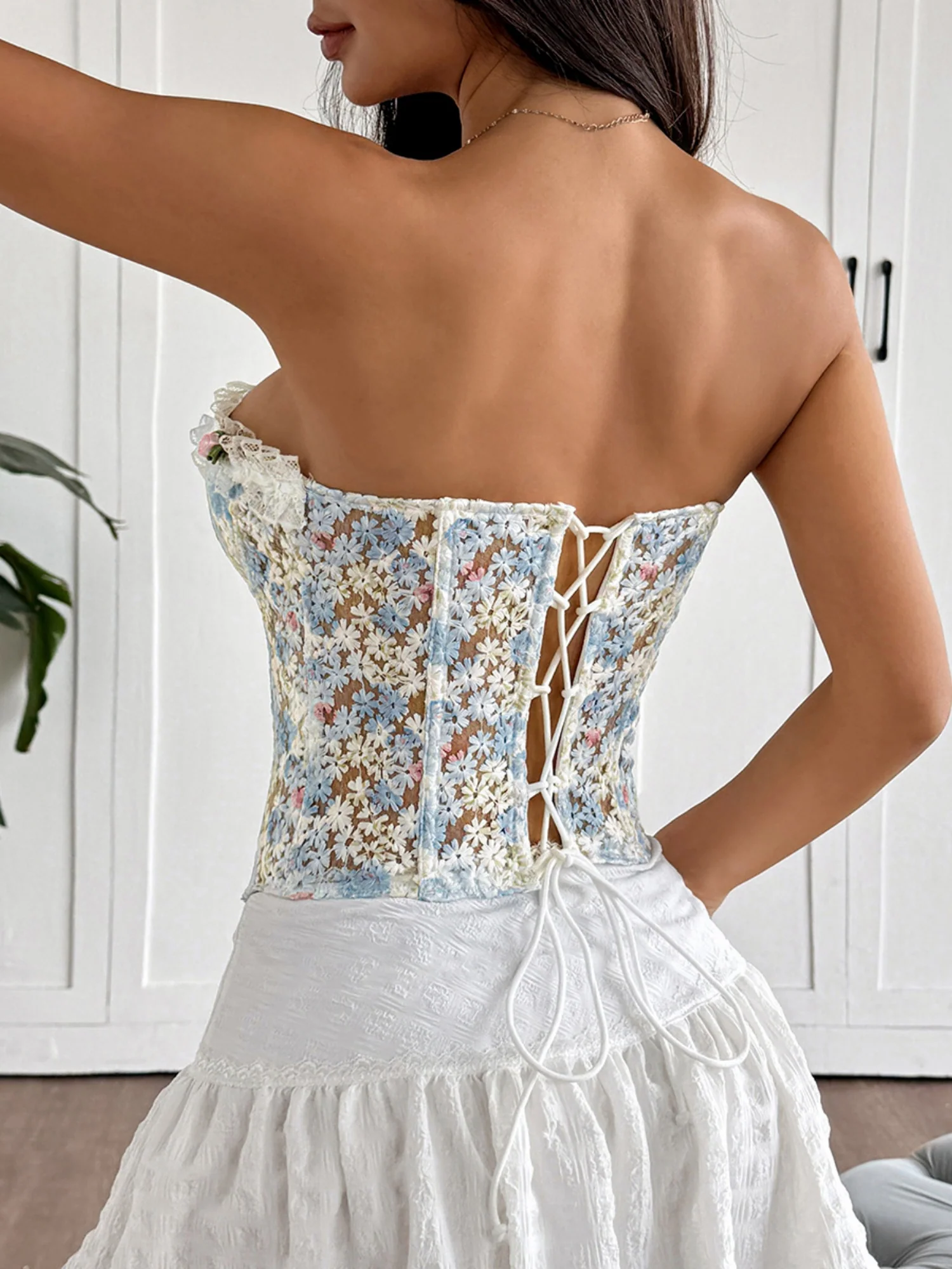Flower Embroidery See-through Rope Gathering And Cultivating Oneself Strapless Bra - Image 6