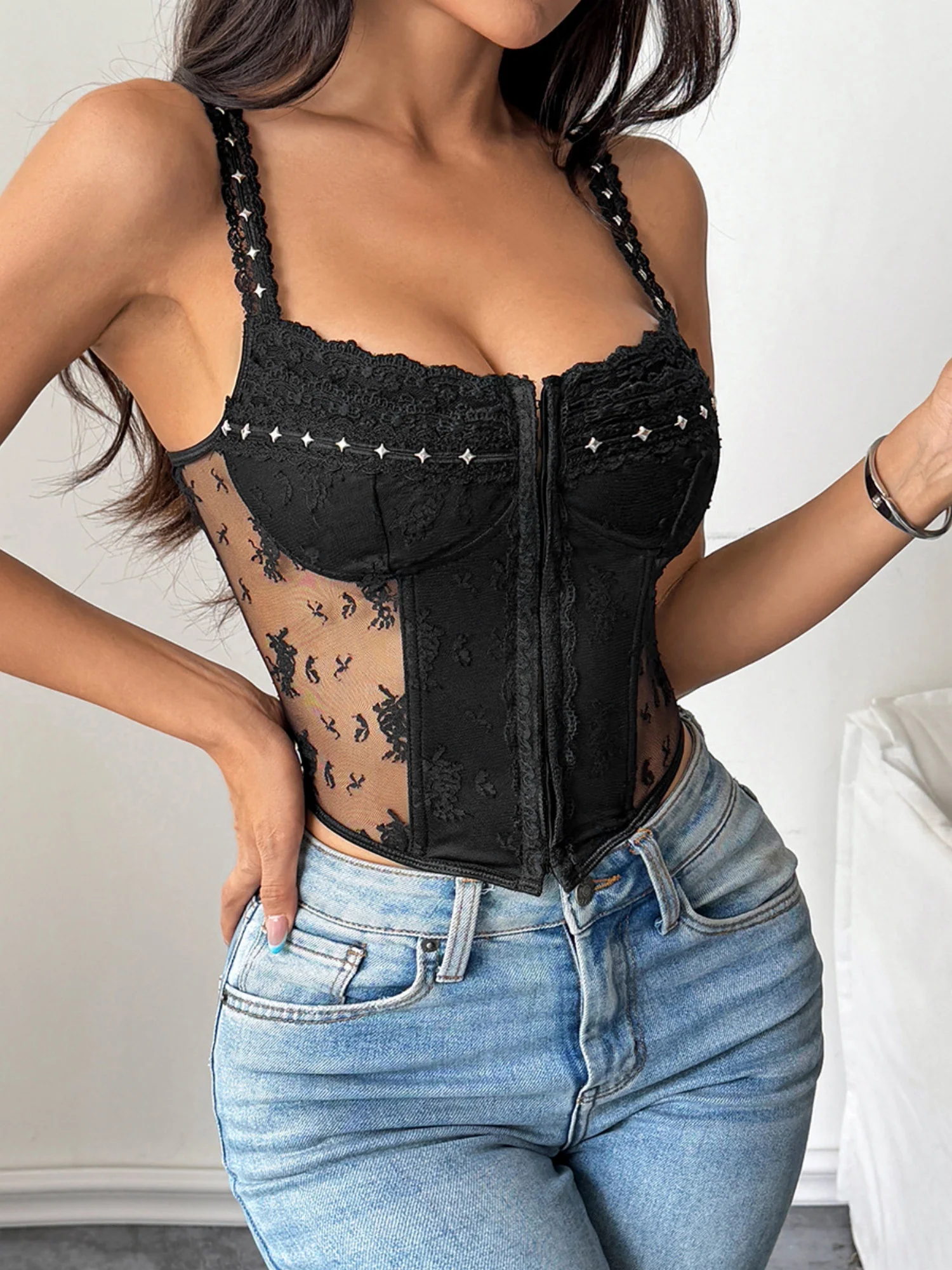 Lace Trim Splicing Perspective Button-down Bra - Image 11